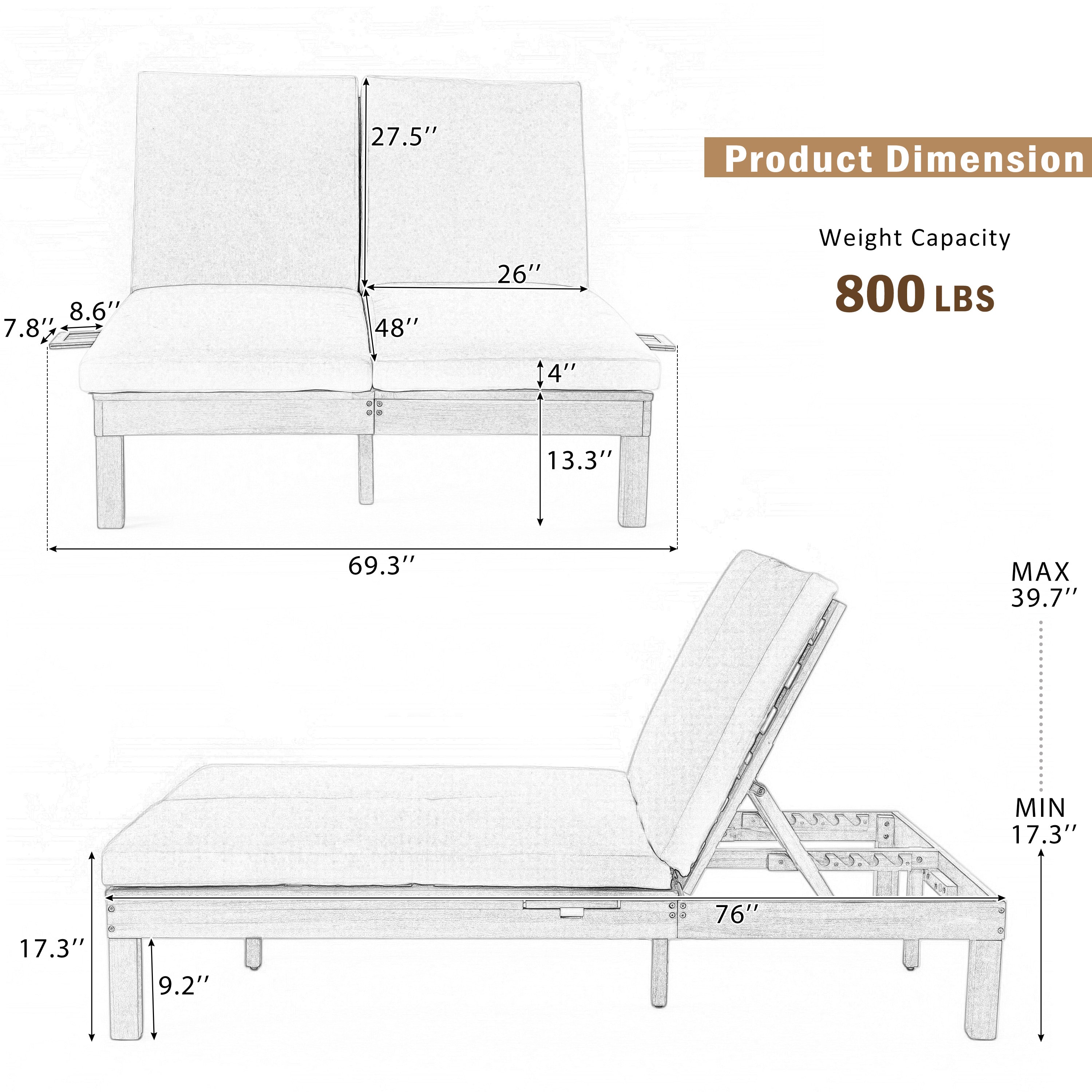 5-Position Adjustable Backrest Outdoor Chaise Lounge Daybed with Cushion & Folding Side Trays - Patio Poolside Garden Furniture for 2 People - Perfect for Sunbathing, Relaxing by the Pool or Backyard Lounging