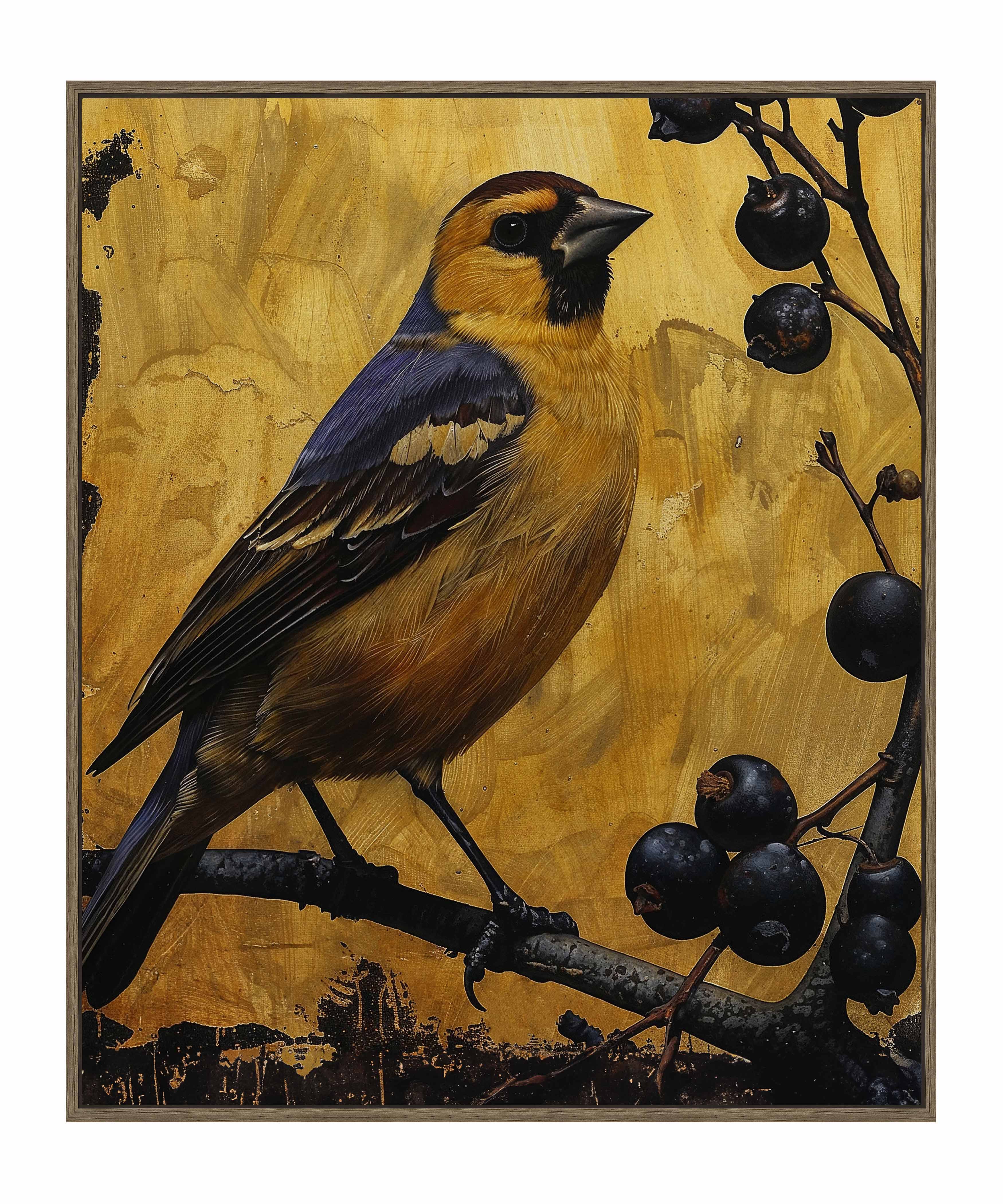 Gilded Harmony Finch Among Berries Gallery Wrapped Canvas Wall Art - Beautiful Nature Bird Painting for Living Room, Bedroom & Office Decor