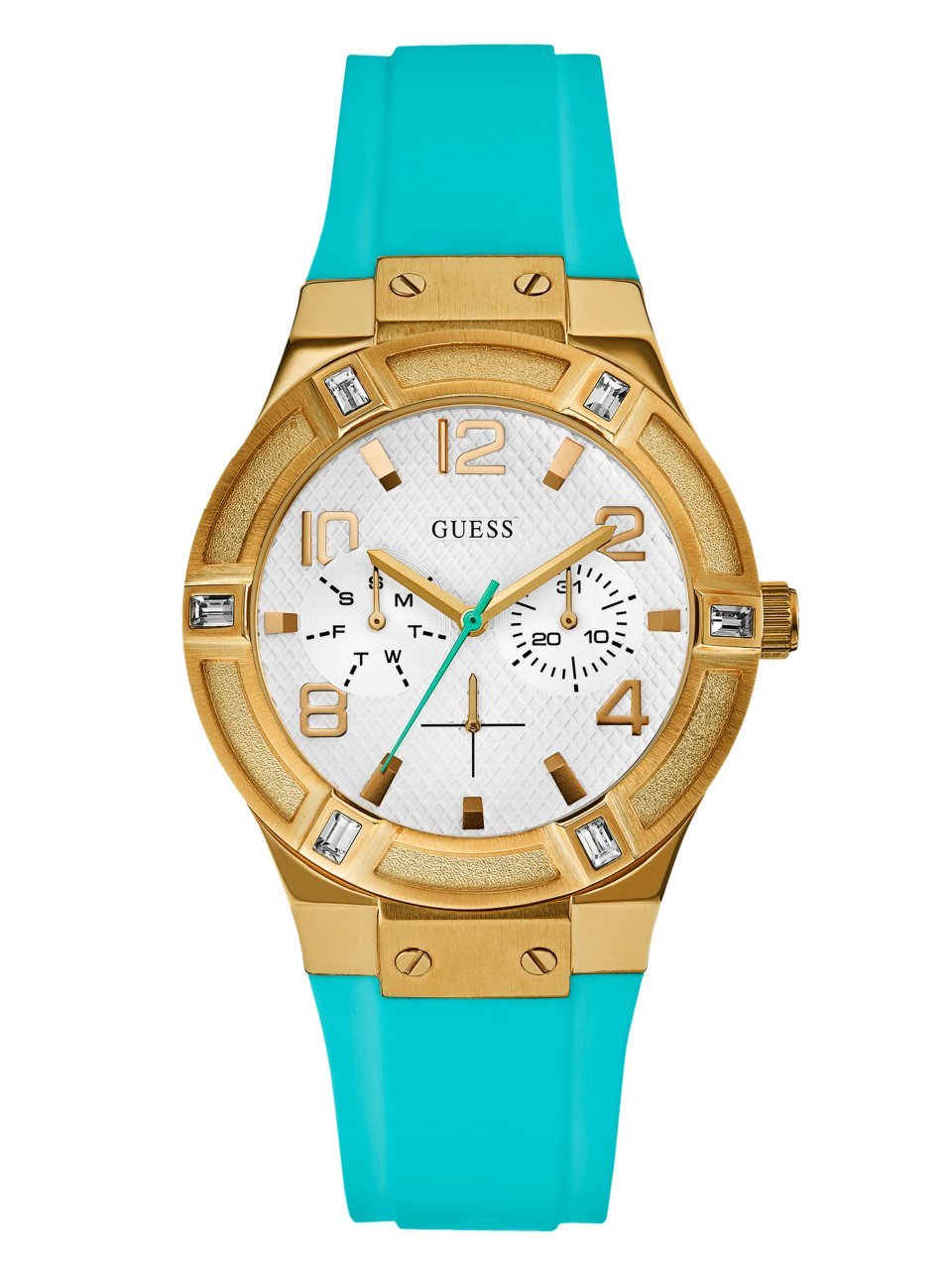 Guess Women's Watch U0564L3 - White Dial with Turquoise Silicone Strap, Fashionable Casual & Dressy Timepiece for Everyday Wear, Office, and Special Occasions
