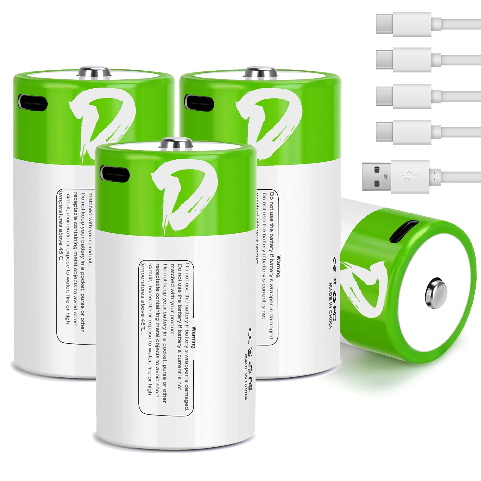 7500mWh Rechargeable D Batteries 4 Pack - Long Lasting 1.5V Li-ion D Cell Batteries with USB-C Charging Cable - Perfect for Flashlights, Toys, Emergency Kits & Outdoor Gear (4 Count)