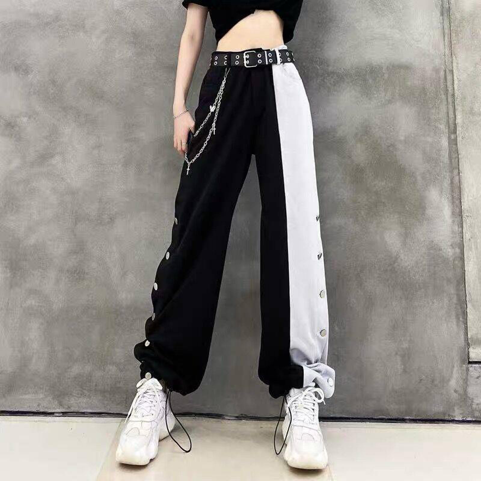 Gothic Pants for Women - High Waisted Straight Leg Trousers in Black & White | Harajuku Style Wide Leg Pants for Casual Wear, Street Fashion & Alternative Outfits