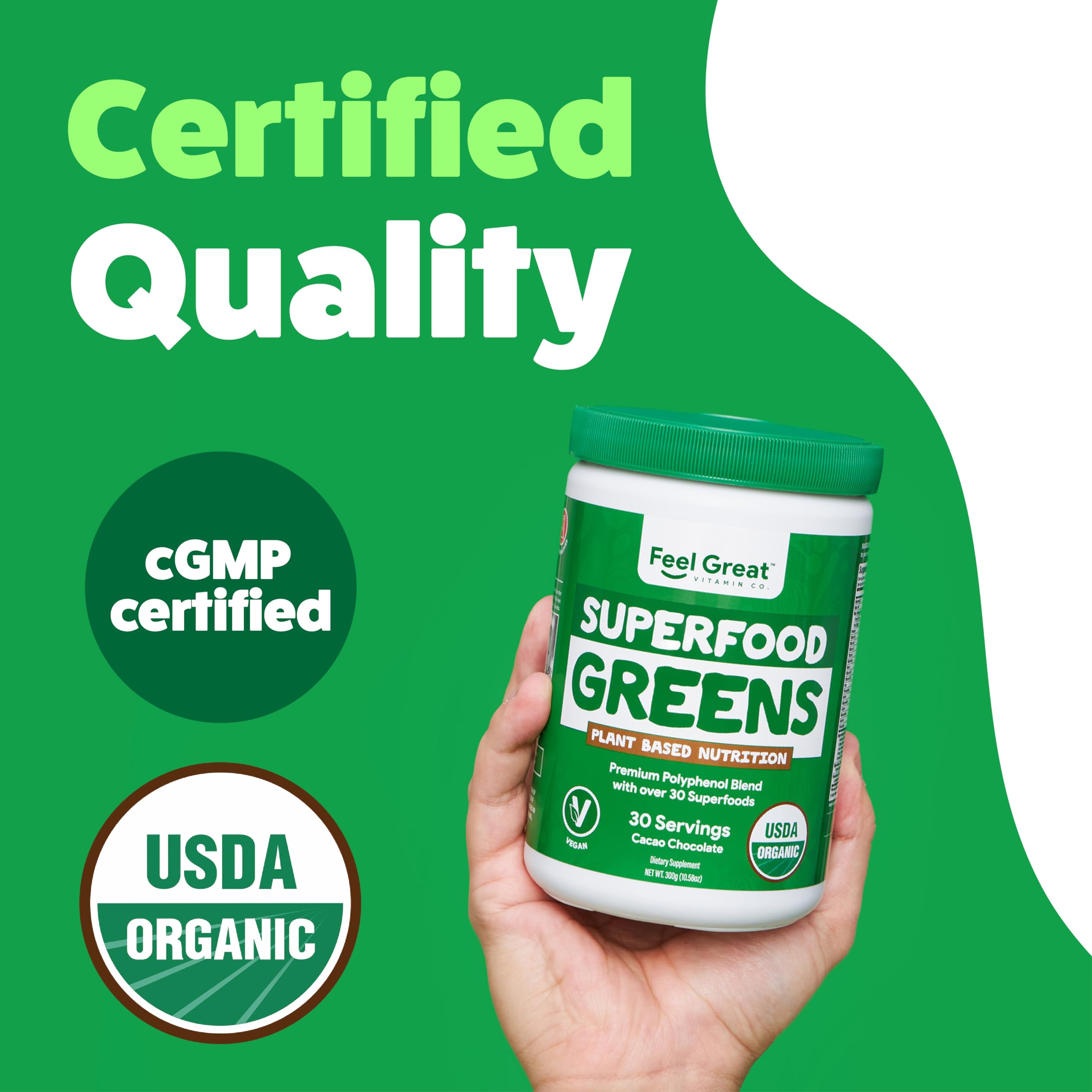 Organic Superfood Greens Powder - Cocoa Chocolate Flavor | 20+ Greens, Fruits & Veggies with Fiber, Probiotics & Digestive Enzymes | Vegan Super Greens Supplement for Energy & Digestion | 30 Servings for Smoothies, Juices & Healthy Drinks