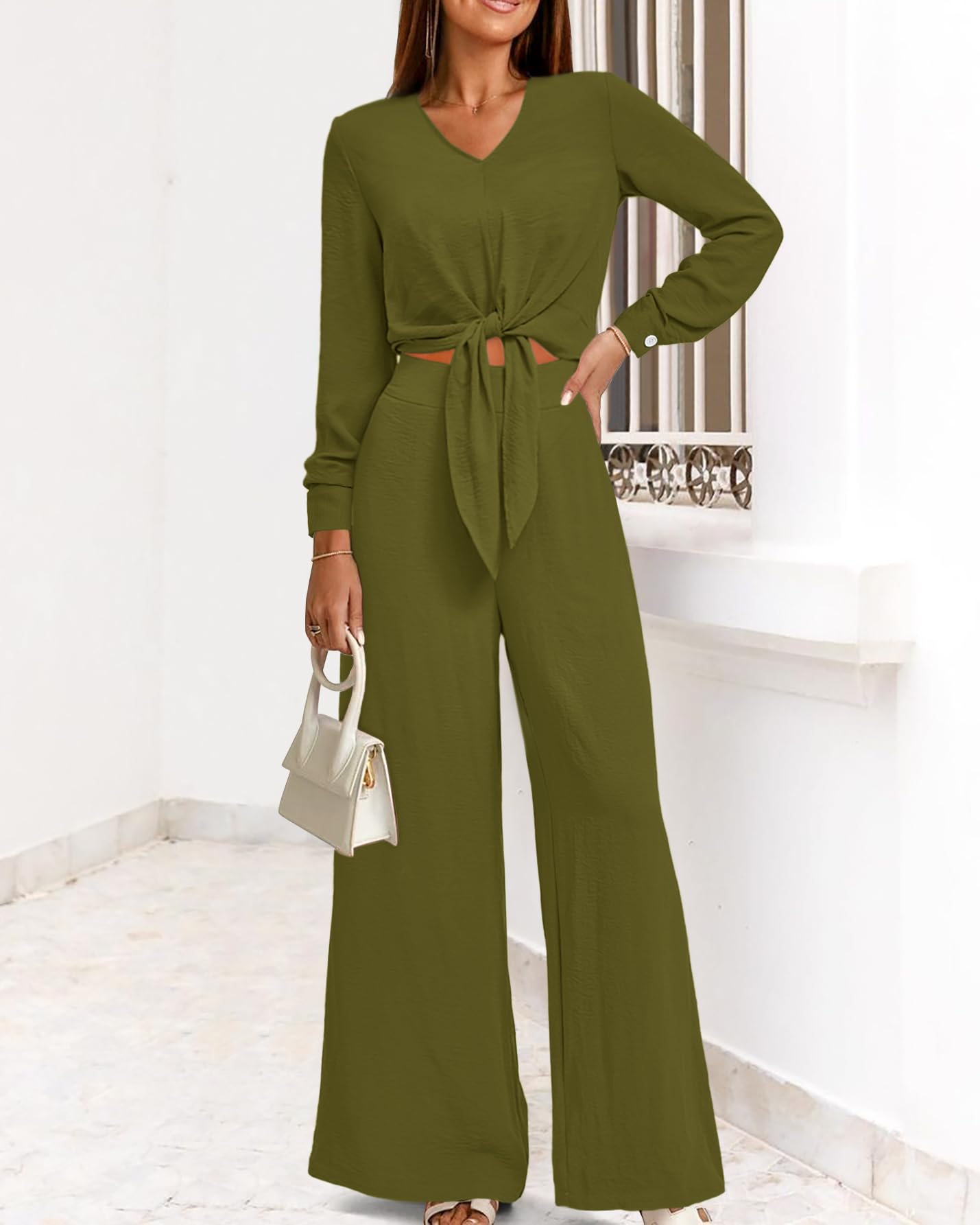 PRETTYGARDEN Women's 2 Piece Outfit Set - 2025 Spring Summer Casual Long Sleeve V Neck Crop Top with Wide Leg Palazzo Pants | Lounge Wear, Street Style, Office Outfits & Vacation Clothes