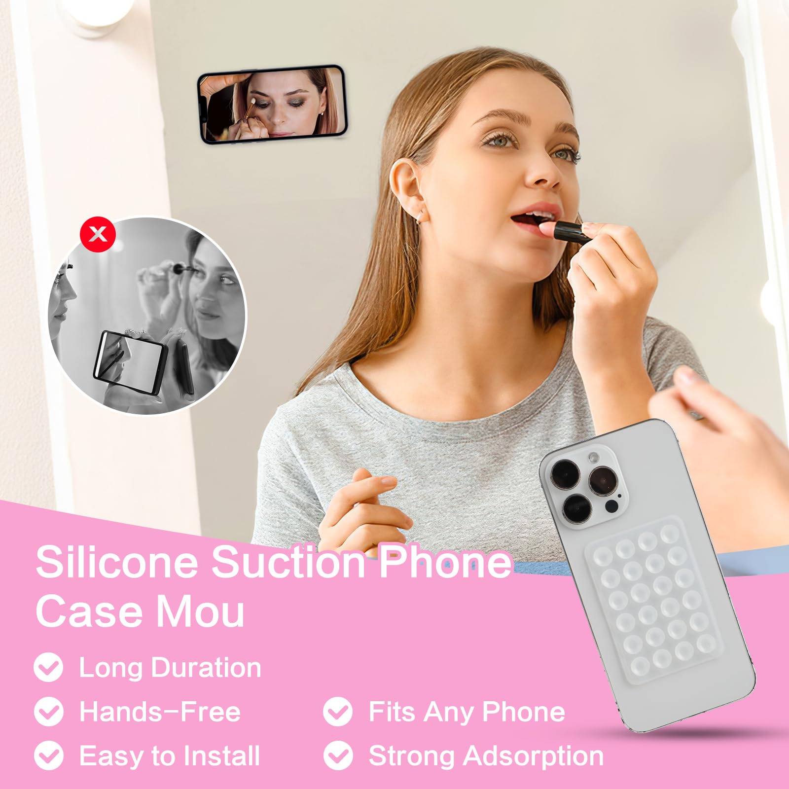 2PCS Non-Slip Silicone Suction Cup Phone Holder, Clear & Pink Sticky Grip for Hands-Free Shower Mirror Mount, Fidget Mirror for Selfies & Videos, Perfect for Bathroom, Car, and Home Use