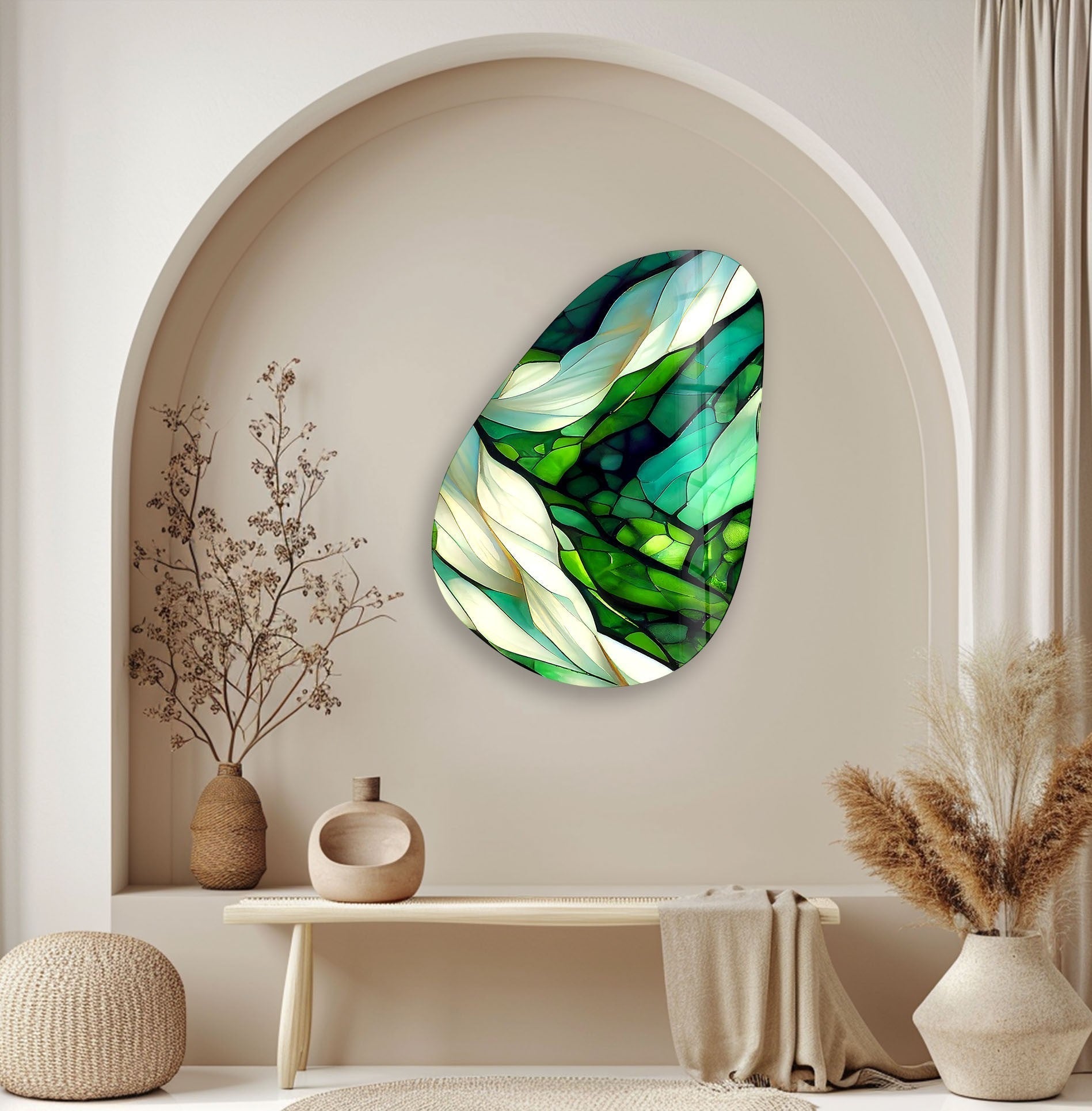 Handmade Asymmetrical Oval Green Fractal Glass Wall Art - Modern Abstract Home Decor for Living Room, Bedroom & Office