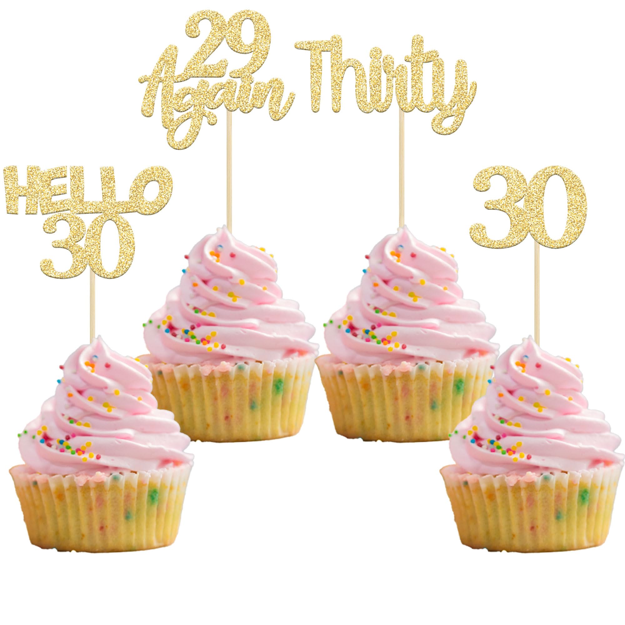 24Pcs Gold Glitter 30th Birthday Cupcake Toppers - Hello 30 Cake Decorations, Again 29 & Thirty Cupcake Picks for 30th Birthday Party, Anniversary, Milestone Celebration - Perfect for Cake Decorating Supplies & Dessert Table Displays