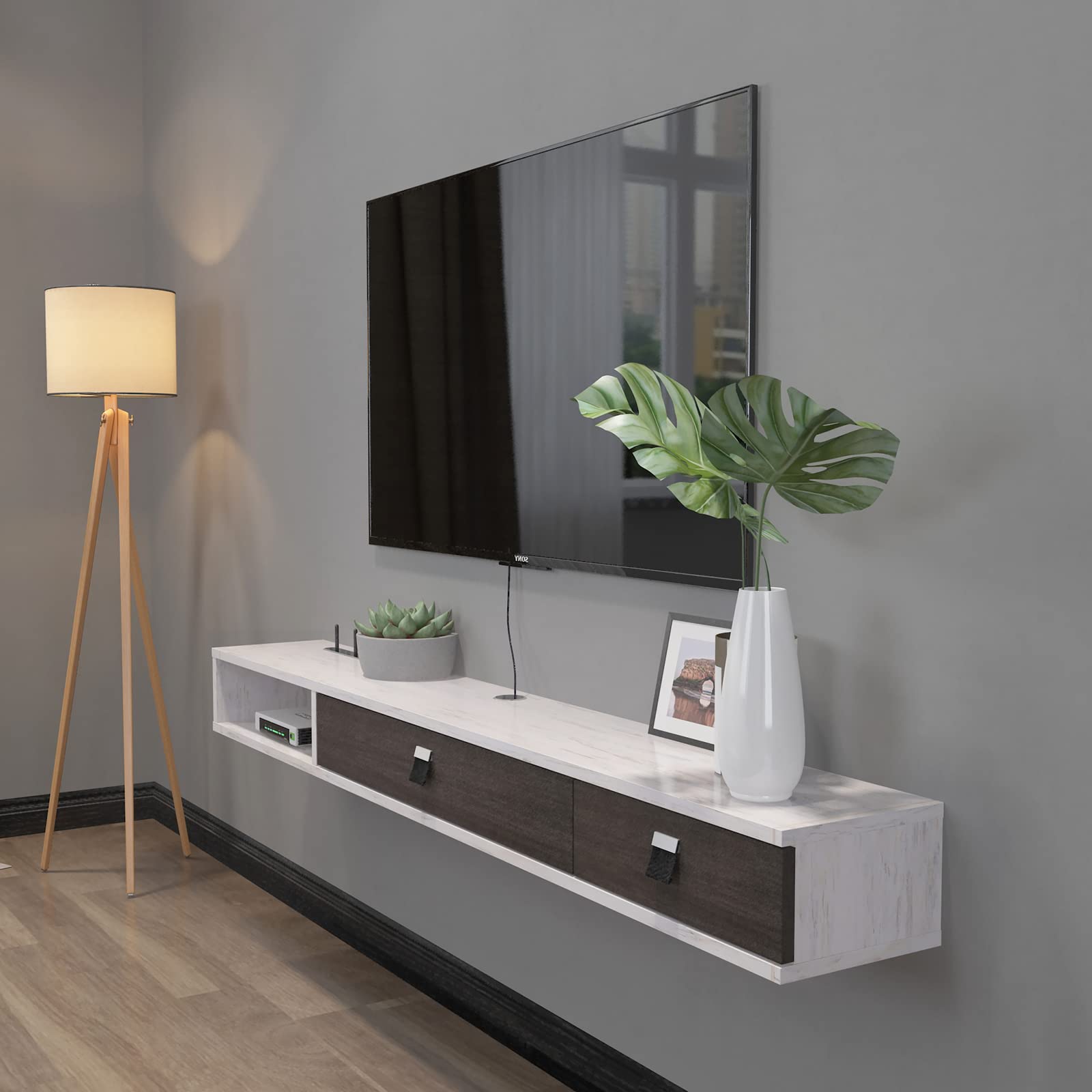 Floating TV Stand for 55-60 Inch TVs - Wall Mounted Media Console with 2 Doors, Greyish-White - Perfect for Living Room, Bedroom & Home Theater Entertainment Centers