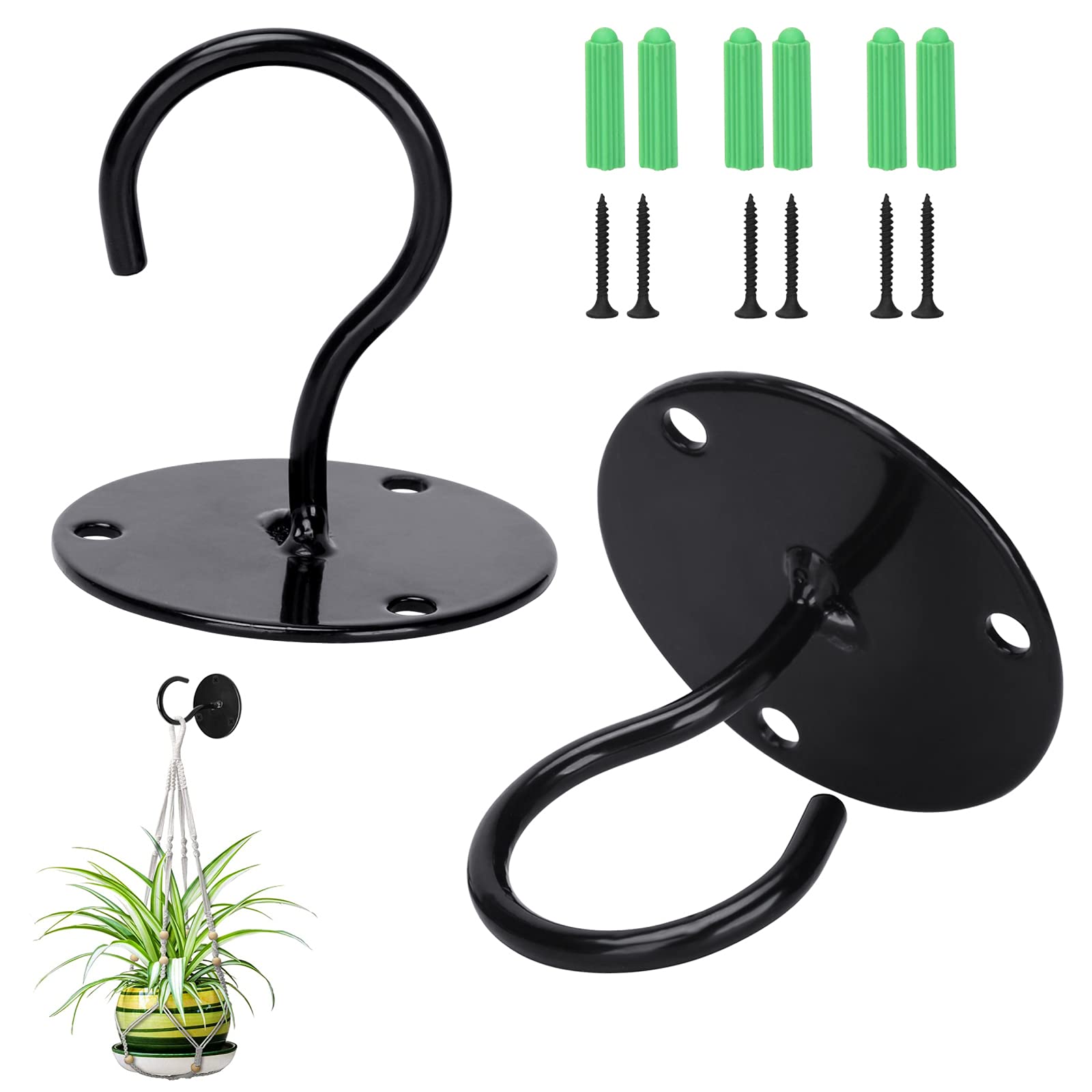 Heavy Duty Metal Ceiling Hooks for Hanging Plants - 2 Pack Black Screw-in Wall Mounted Hooks for Bird Feeders, Lanterns, Wind Chimes & Outdoor String Lights - Perfect for Indoor/Outdoor Decor & Garden Organization