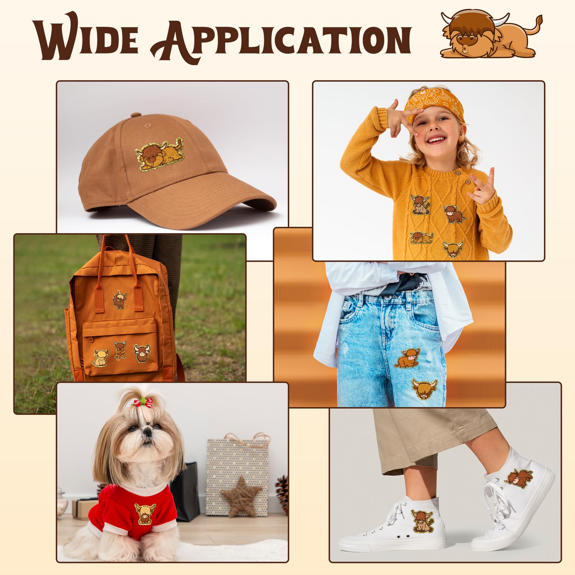 10Pcs Highland Cow Chenille Iron-On Patches for Kids - Cartoon Animal Knee Repair Patches, DIY Embroidered Applique for Backpack, Clothes, Dress, Pants & Hats - Fun & Durable Fabric Accessories for School, Play & Outdoor Activities