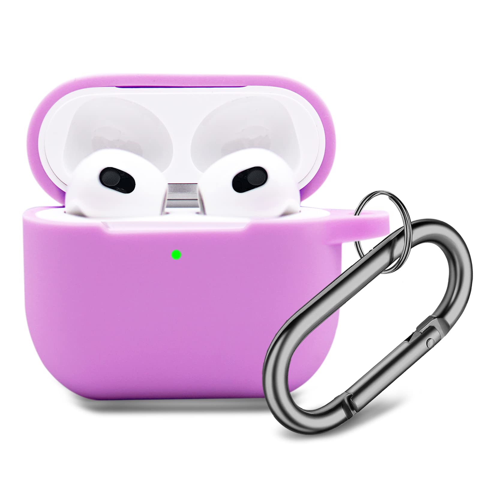 Miso AirPods 3 Case Cover (2021) - Shockproof Protective Silicone Case with Carabiner Clip & Visible LED Light - Light Purple - Perfect for Gym, Travel & Everyday Use