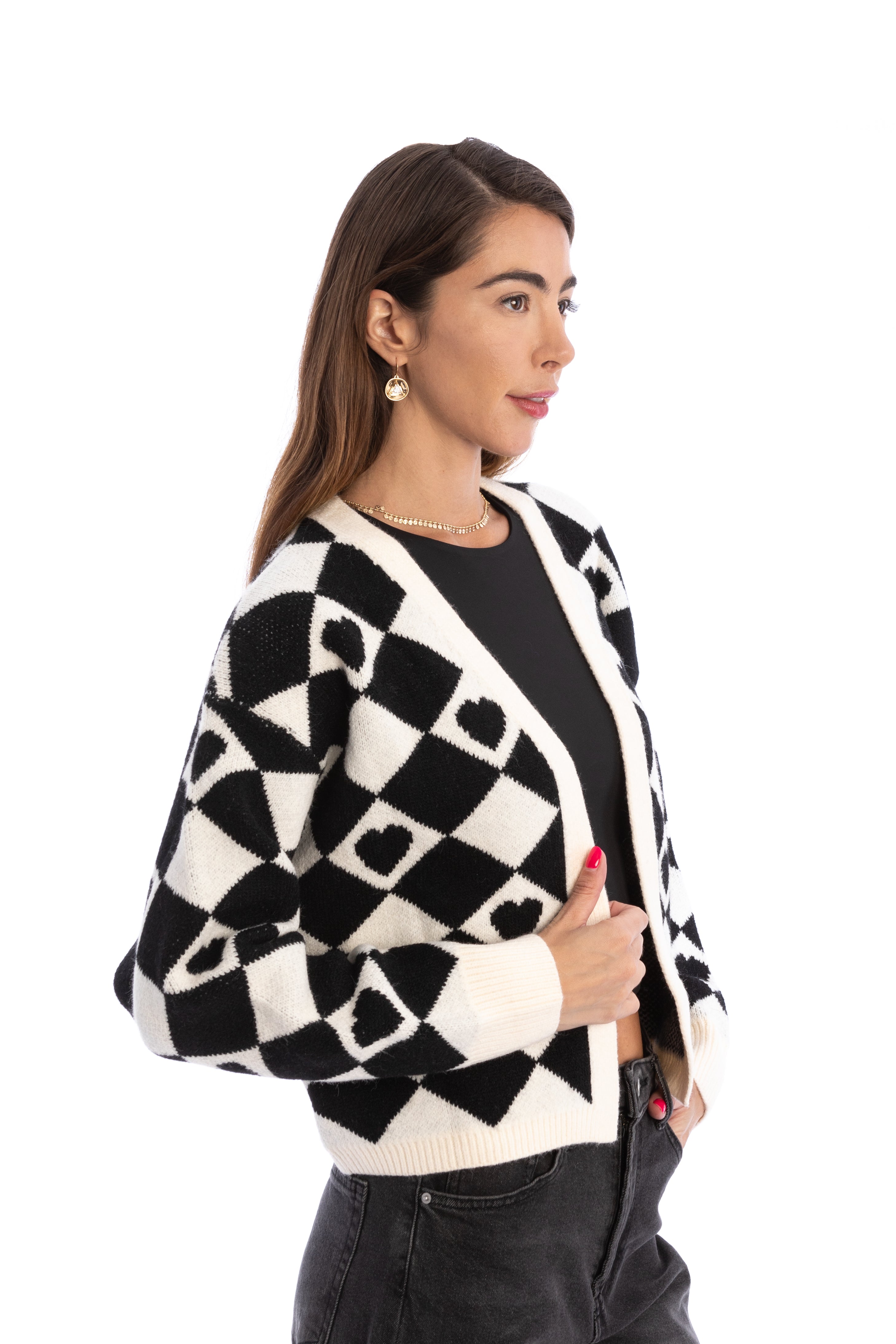 Checkered Hearts Cropped Cardigan for Women - Stylish Knit Sweater for Casual Outfits & Date Nights