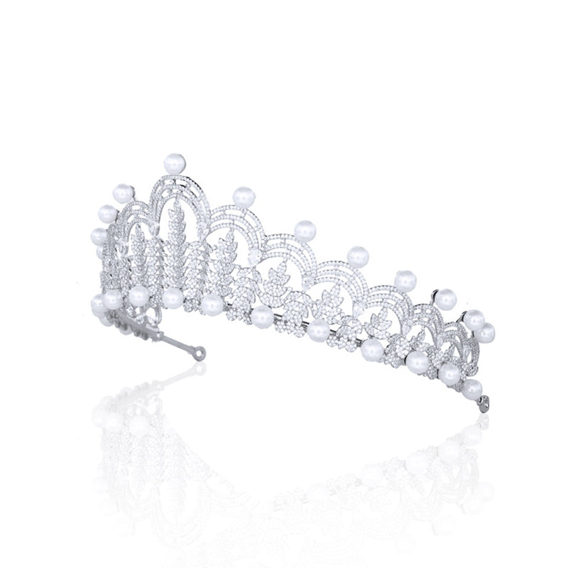Big Cubic Zirconia Princess Tiara with Pearls - Elegant Bridal Headpiece Accessory for Weddings, Prom & Pageants | TR00168