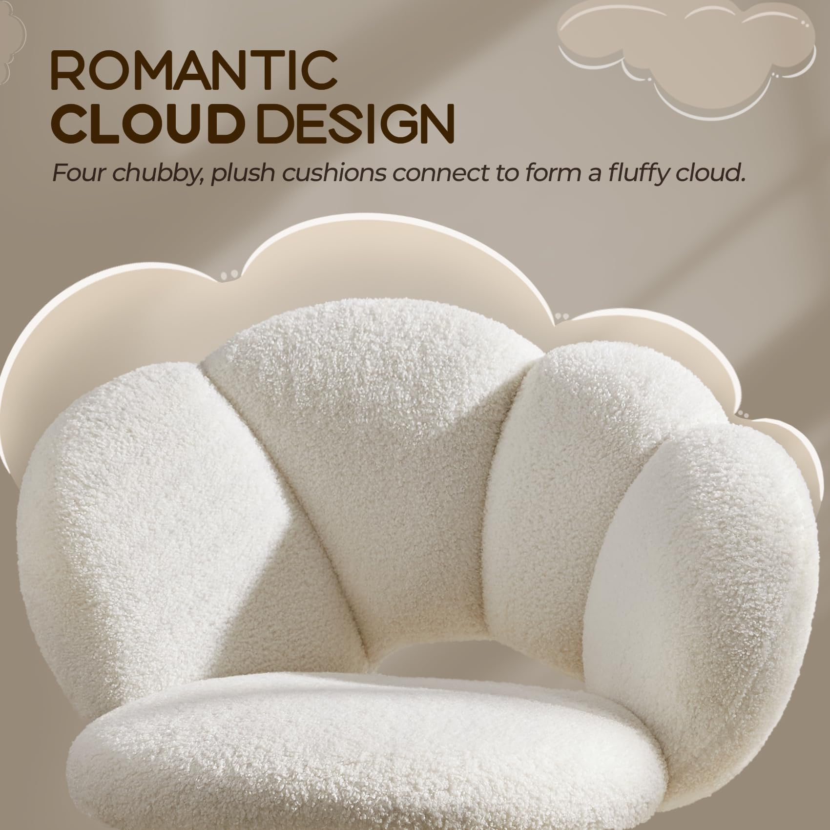 Yaheetech Boucle Upholstered Desk Chair - Adjustable Cloud-Shaped Vanity Chair with Rolling Wheels for Home Office, Living Room & Bedroom - Ergonomic Computer Chair for Work, Study and Makeup (White)