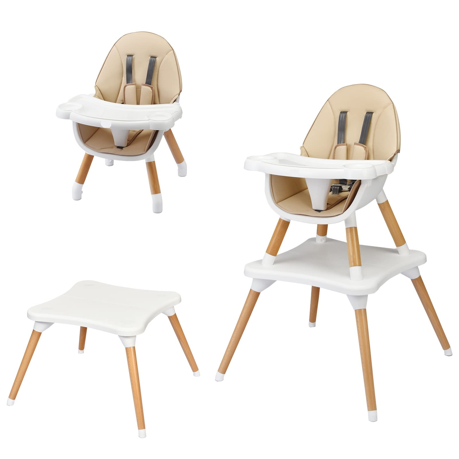 INFANS 5-in-1 Convertible Baby High Chair with 5-Point Safety Harness | Detachable Tray & Wipeable Cushion | Transforms to Toddler Table & Chair Set | Wooden Booster Seat for Infants & Kids (Khaki) | Perfect for Dining, Feeding & Playtime