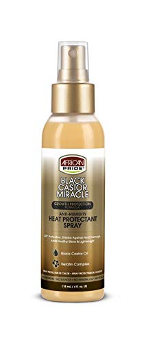 African Pride Black Castor Miracle Anti-Humidity Heat Protectant Spray - 400°F Thermal Protection for Natural Hair, Prevents Heat Damage with Black Castor Oil & Keratin Complex (4 oz) - Perfect for Blowouts, Flat Ironing & Styling Natural & Relaxed Hair