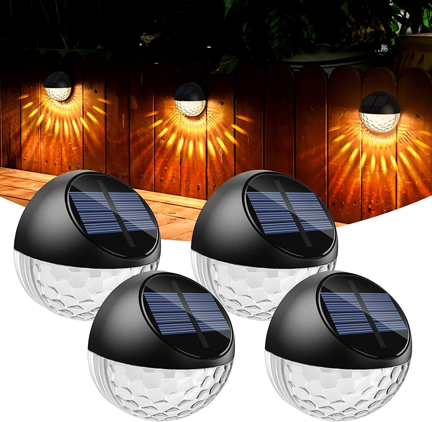4Pack Solar Lights Outdoor Waterproof - Auto On/Off LED Solar Fence Lights with Warm White Light - IP65 Weatherproof Solar Deck Wall Lights for Garden, Patio, Yard, Stairway, Pathway & Porch Lighting