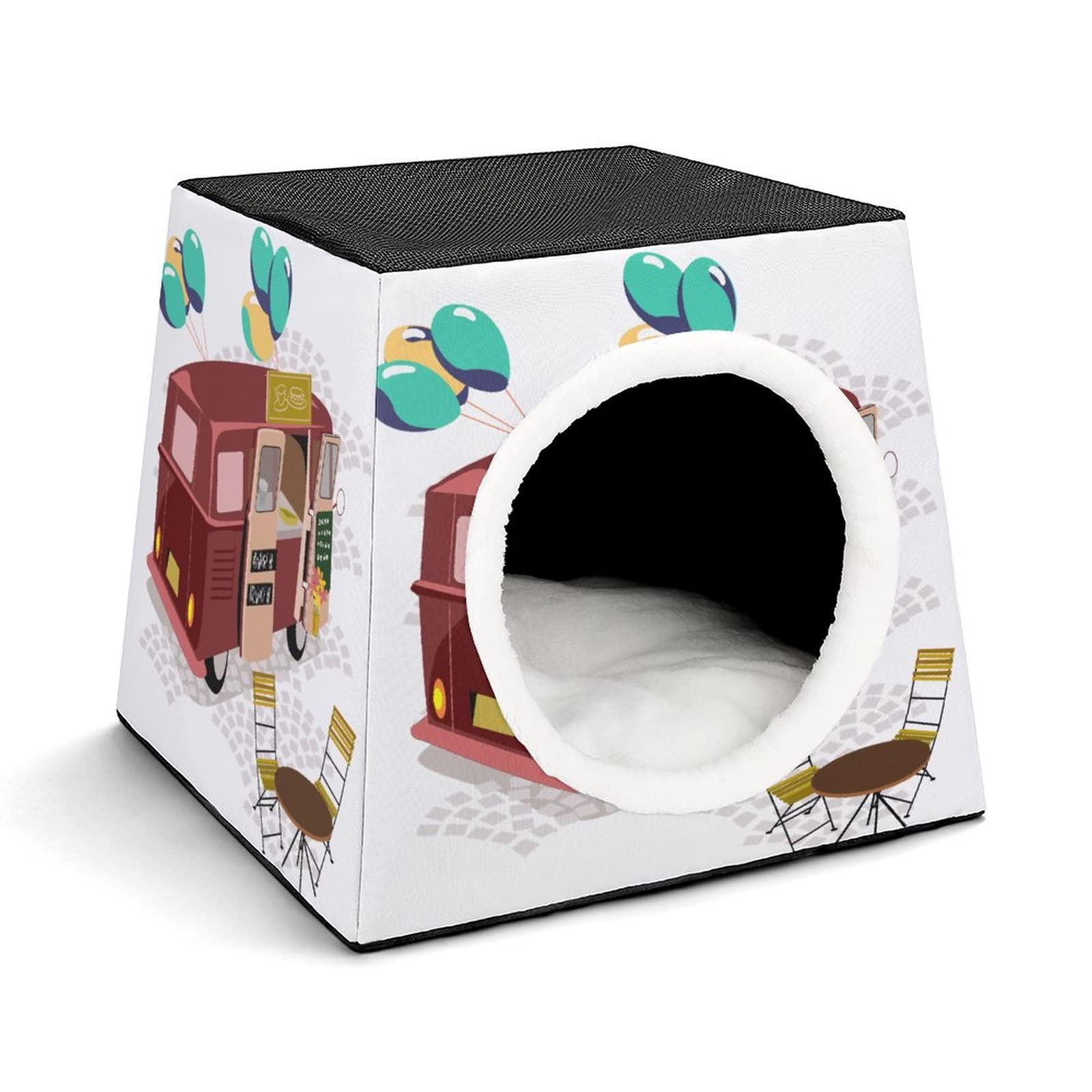 Printed Cat Cube Kitty House - Indoor Cat Bed & Small Dog Shelter, Warm Cozy Pet Sofa with Food Truck Illustration - Perfect for Pet Naps, Playtime & Home Decor