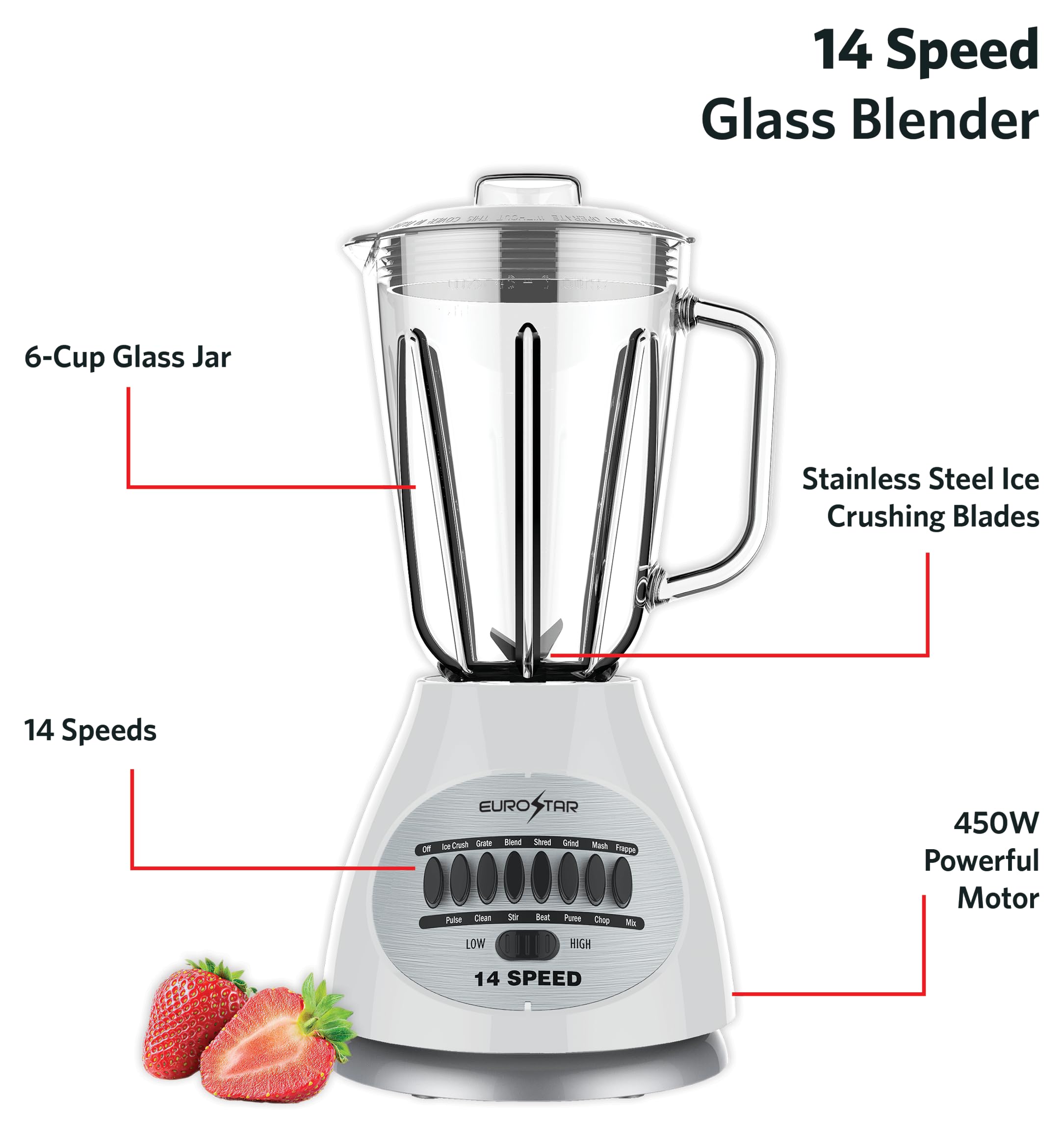 450W 14-Speed Glass Jar Blender - Powerful Countertop Blender for Smoothies, Shakes & Food Prep (White) - Perfect for Kitchen, Restaurant & Healthy Lifestyle