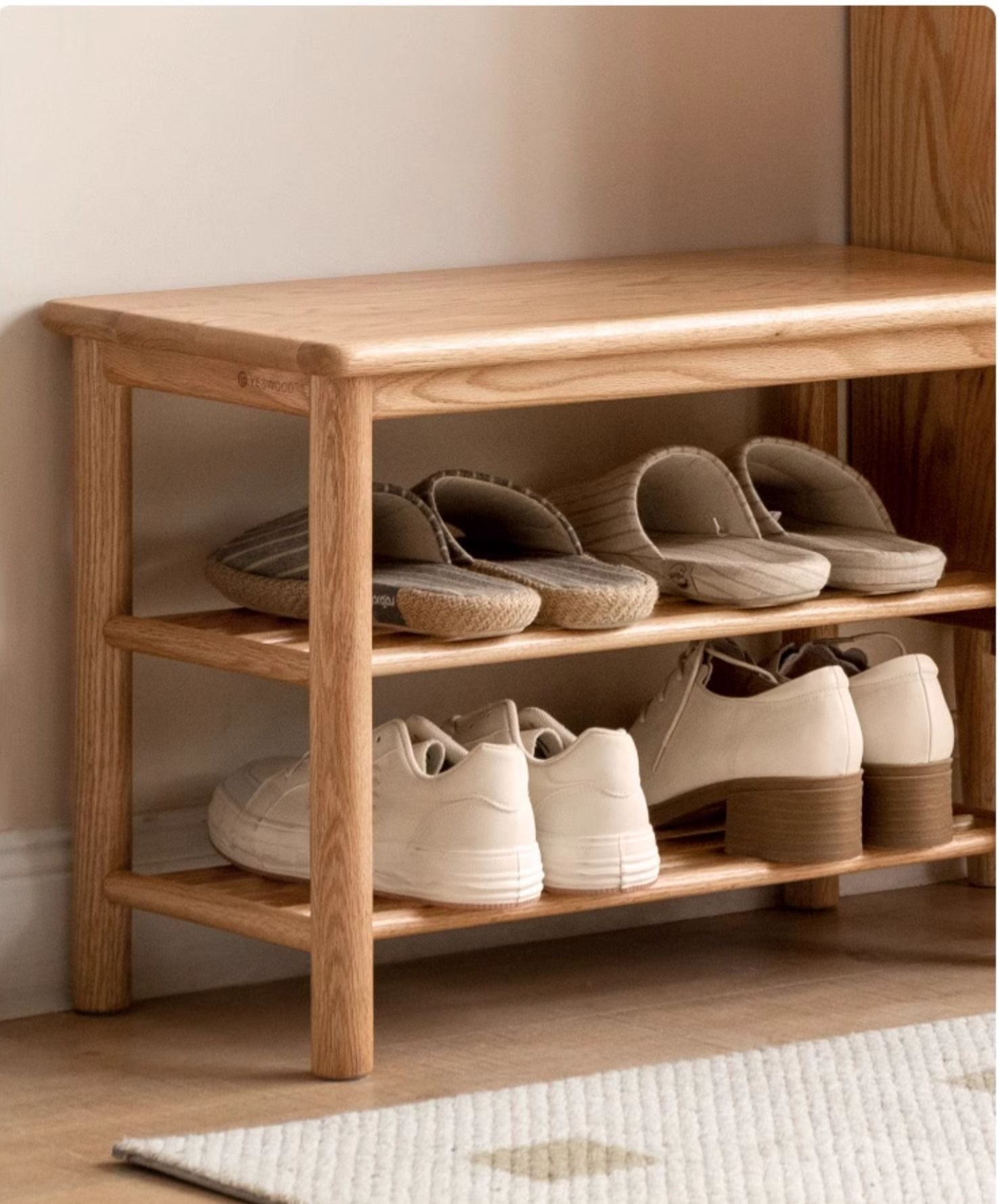 Solid Oak Wood Shoe Bench - Durable Entryway Stool for Putting On Shoes, Boots & Sneakers - Perfect for Hallway, Bedroom or Mudroom Organization