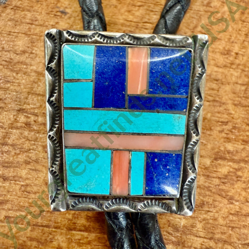 Vintage Southwestern Sterling Silver Turquoise Inlay Bolo Tie for Men | Handmade Western Neckwear | Perfect for Cowboy, Rodeo & Western Fashion Outfits