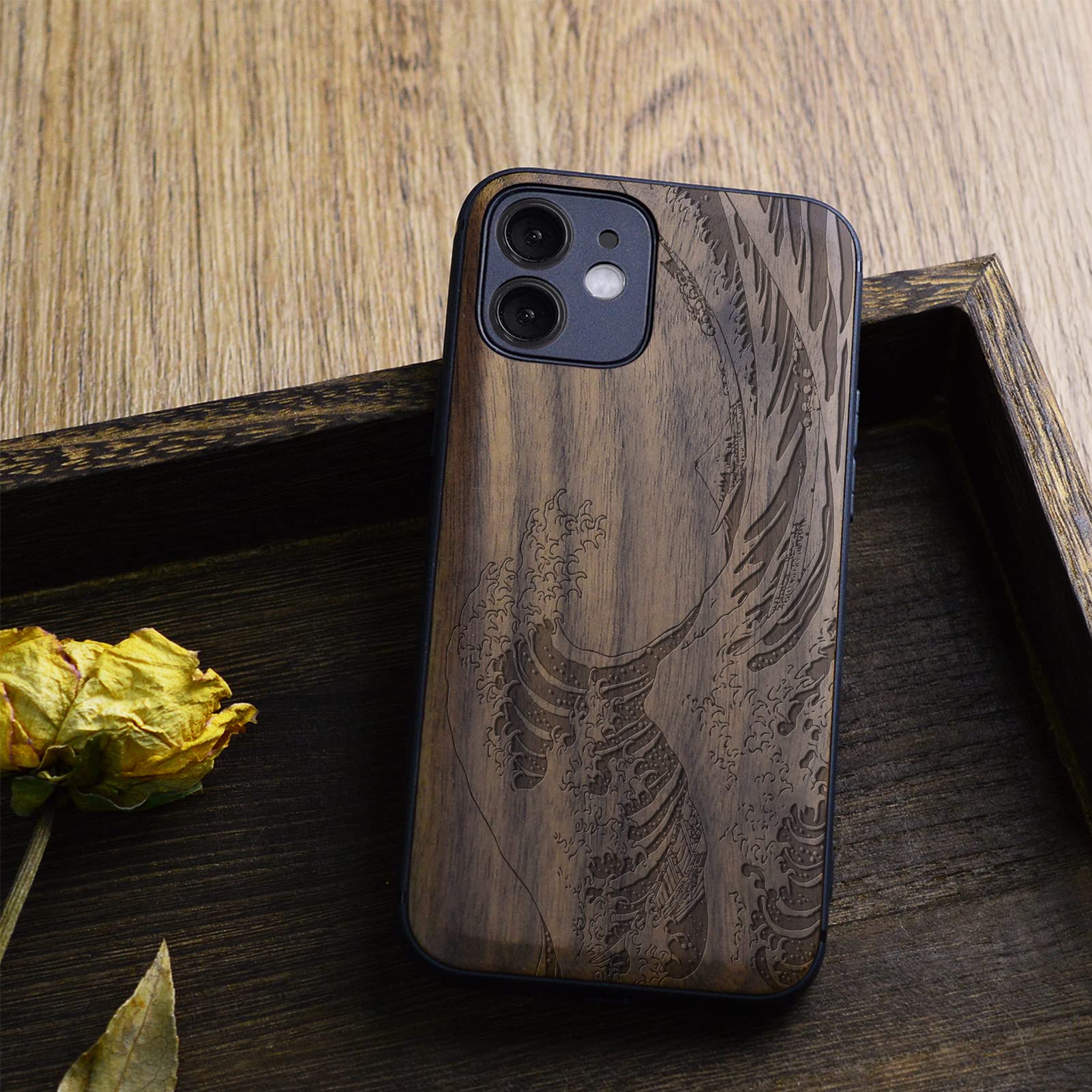 Carveit Magnetic Wood Case for iPhone 12 - Real Walnut Wood & Soft TPU Shockproof Cover - MagSafe Compatible Protective Case - The Great Wave Off Kanagawa Design - Perfect for Outdoor Adventures, Business Meetings & Everyday Protection