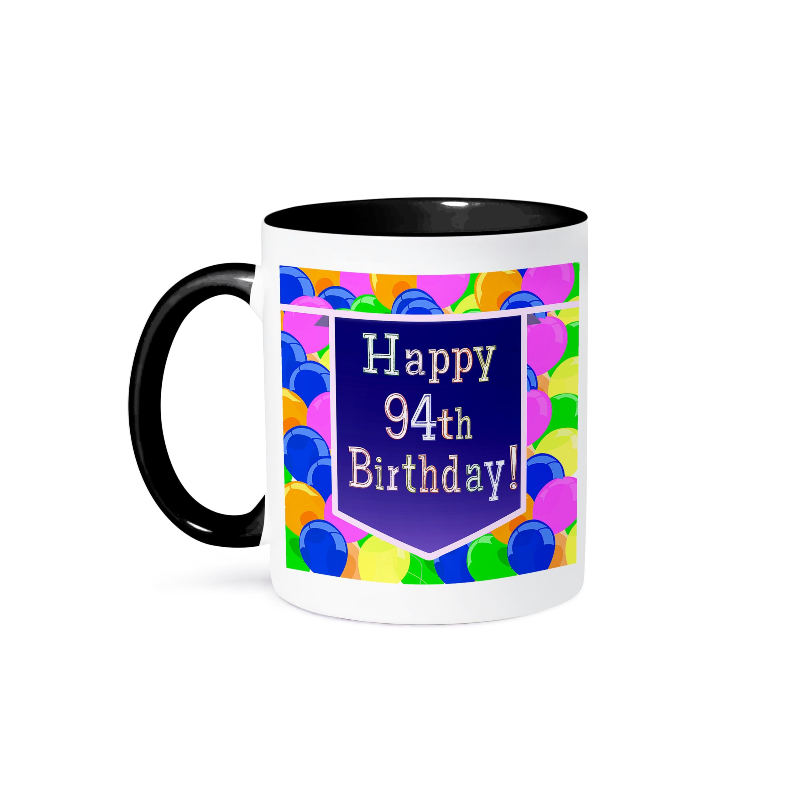 3dRose Happy 94th Birthday Two-Tone Mug - 11 oz Black Ceramic Cup with Purple Balloon Banner Design - Perfect Gift for Birthday Celebrations & Milestone Anniversaries