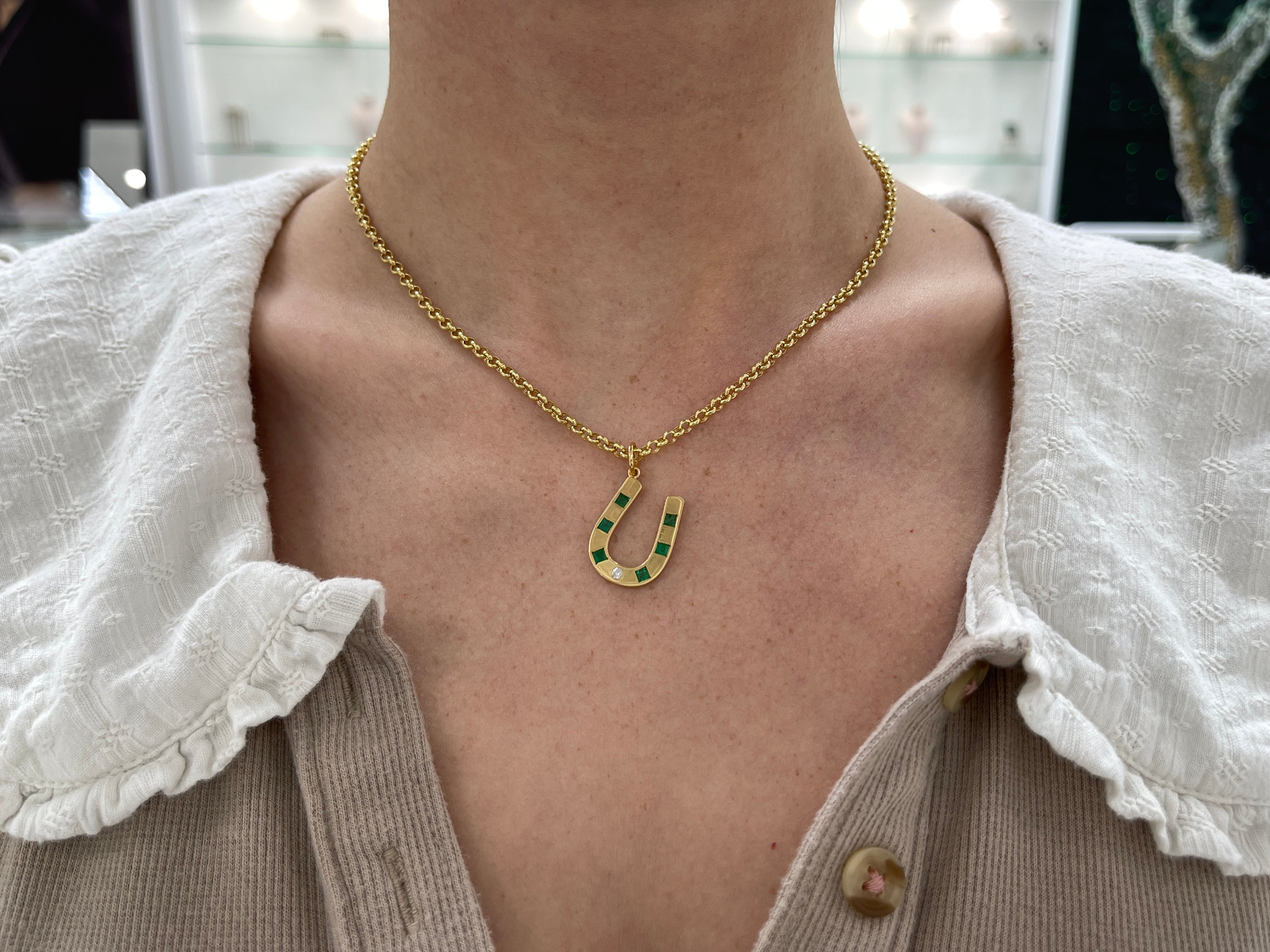 0.66tcw 14K Gold Brushed Emerald & Diamond Horseshoe Pendant Necklace - Elegant Jewelry Gift for Women, Perfect for Birthdays, Anniversaries & Special Occasions