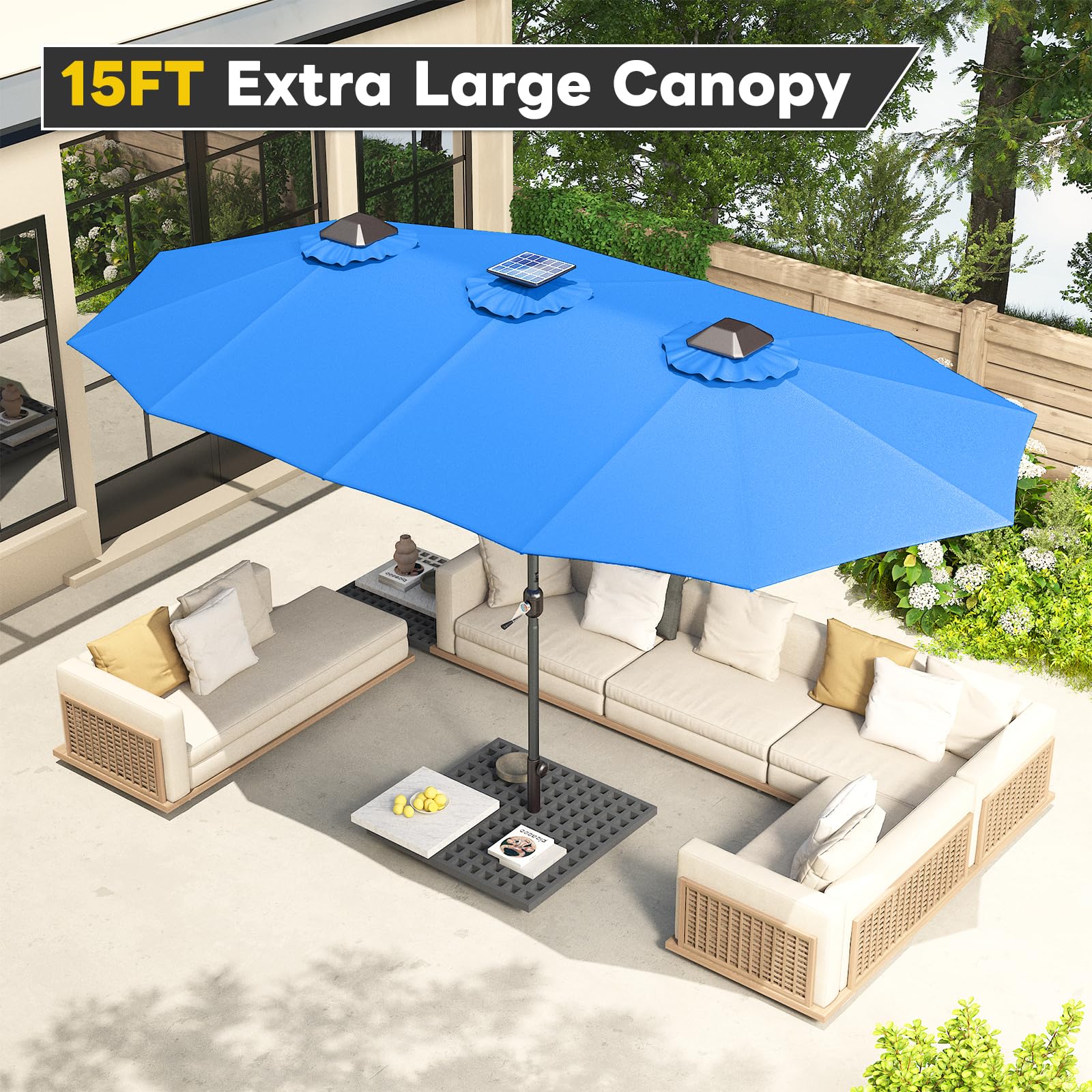 AECOJOY 15ft Solar LED Patio Umbrella with 156 Lights - Large Rectangle Outdoor Cantilever Umbrella (180