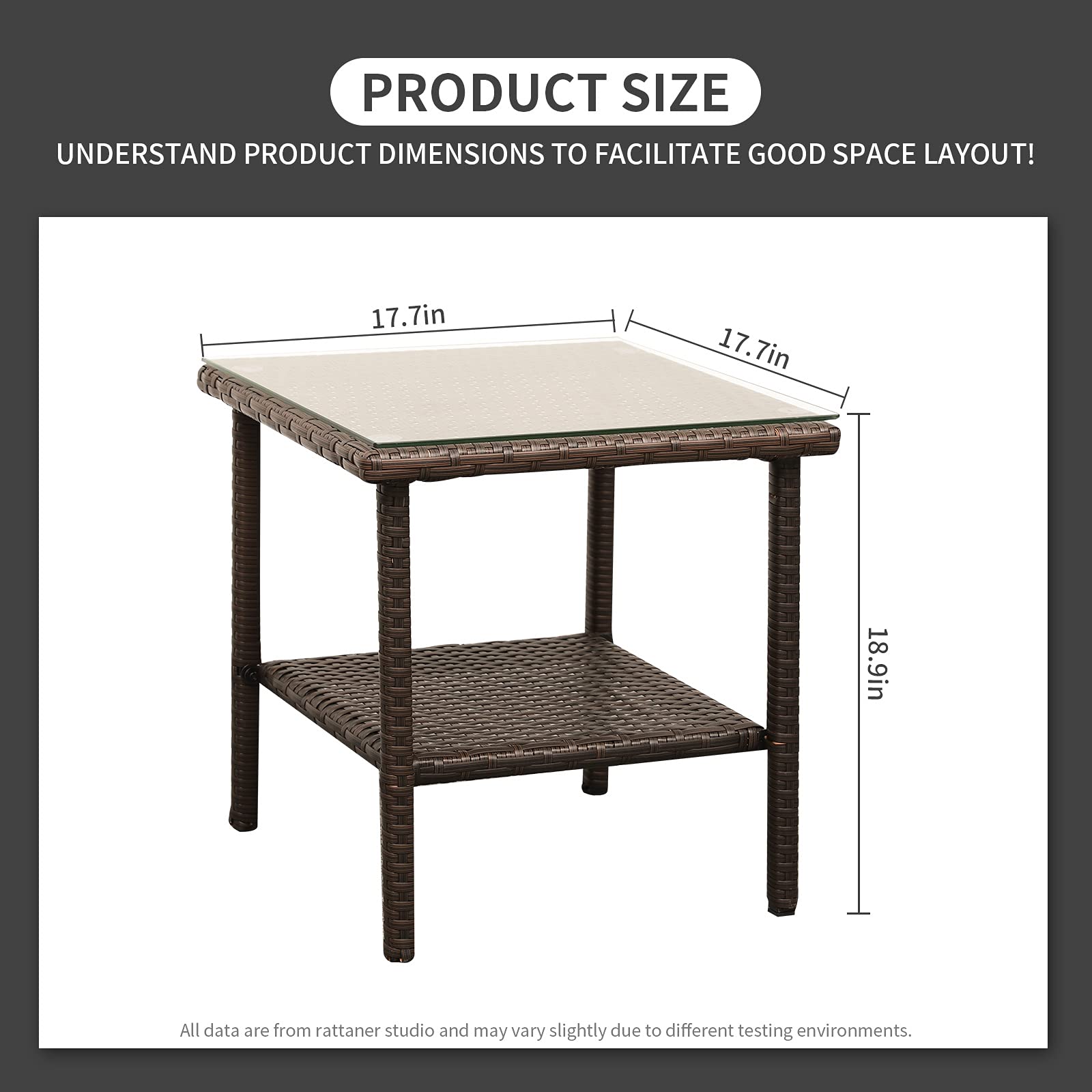 Outdoor PE Wicker Side Table - Rattan Patio Coffee Table with Glass Top, 2-Tier Square End Table for Garden, Balcony & Poolside - Mix Brown Furniture for Outdoor Relaxation & Entertaining