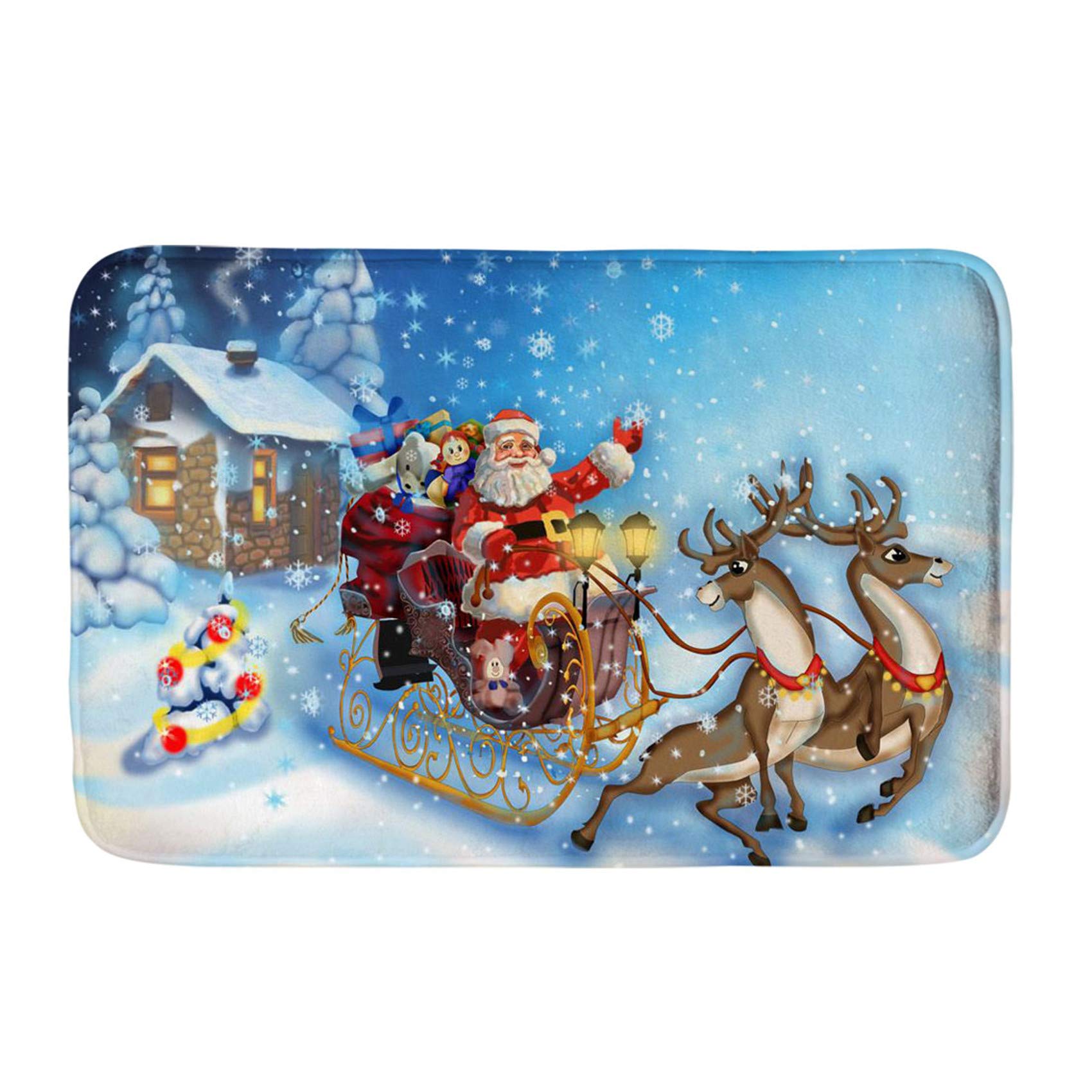 Funny Christmas Welcome Doormat - Non-Slip Flannel Rug with Santa Claus & Elk Sleigh Design - Perfect for Holiday Home Entryway Decor