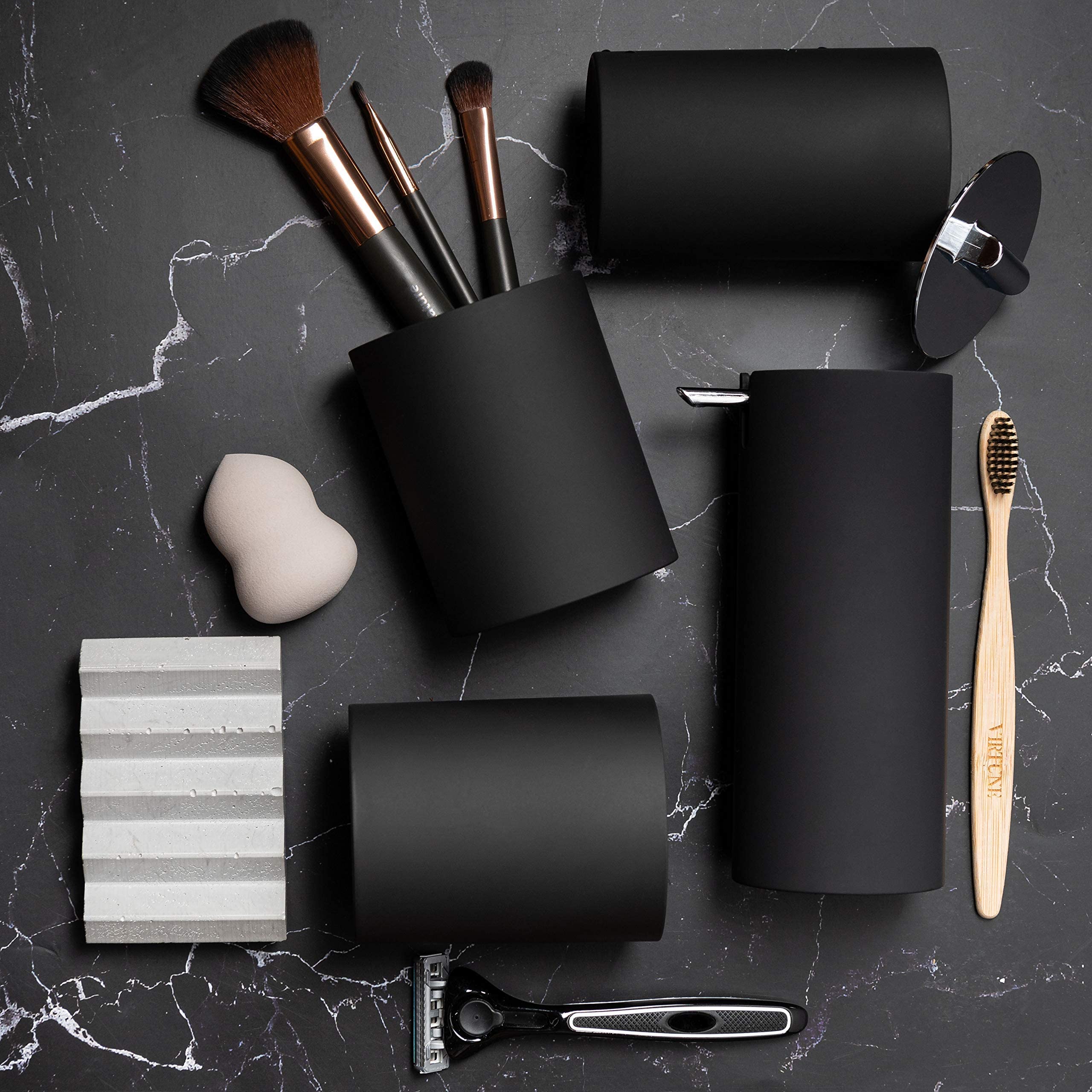 Modern Matte Black Bathroom Accessory Set - 4 Piece Complete Bathroom Organizer with Toothbrush Holder & Soap Dispenser | Waterproof Bathroom Decor for Home, Apartment, Hotel | Perfect Housewarming Gift