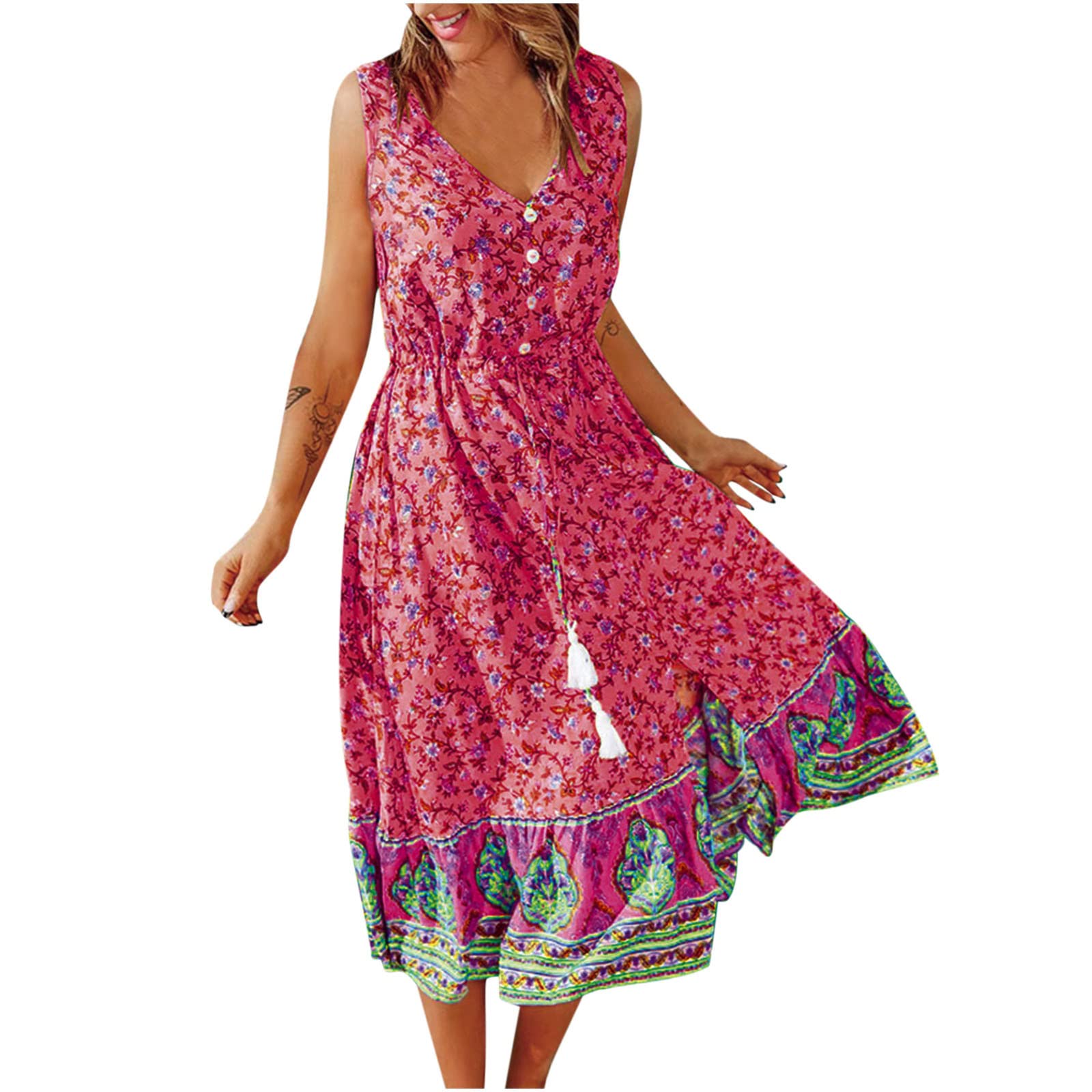 Women's Summer Sundress 2022 - Sleeveless V-Neck Floral Print Boho Dress with Pockets | Casual Strappy Vest Dress for Beach, Vacation & Outdoor Activities