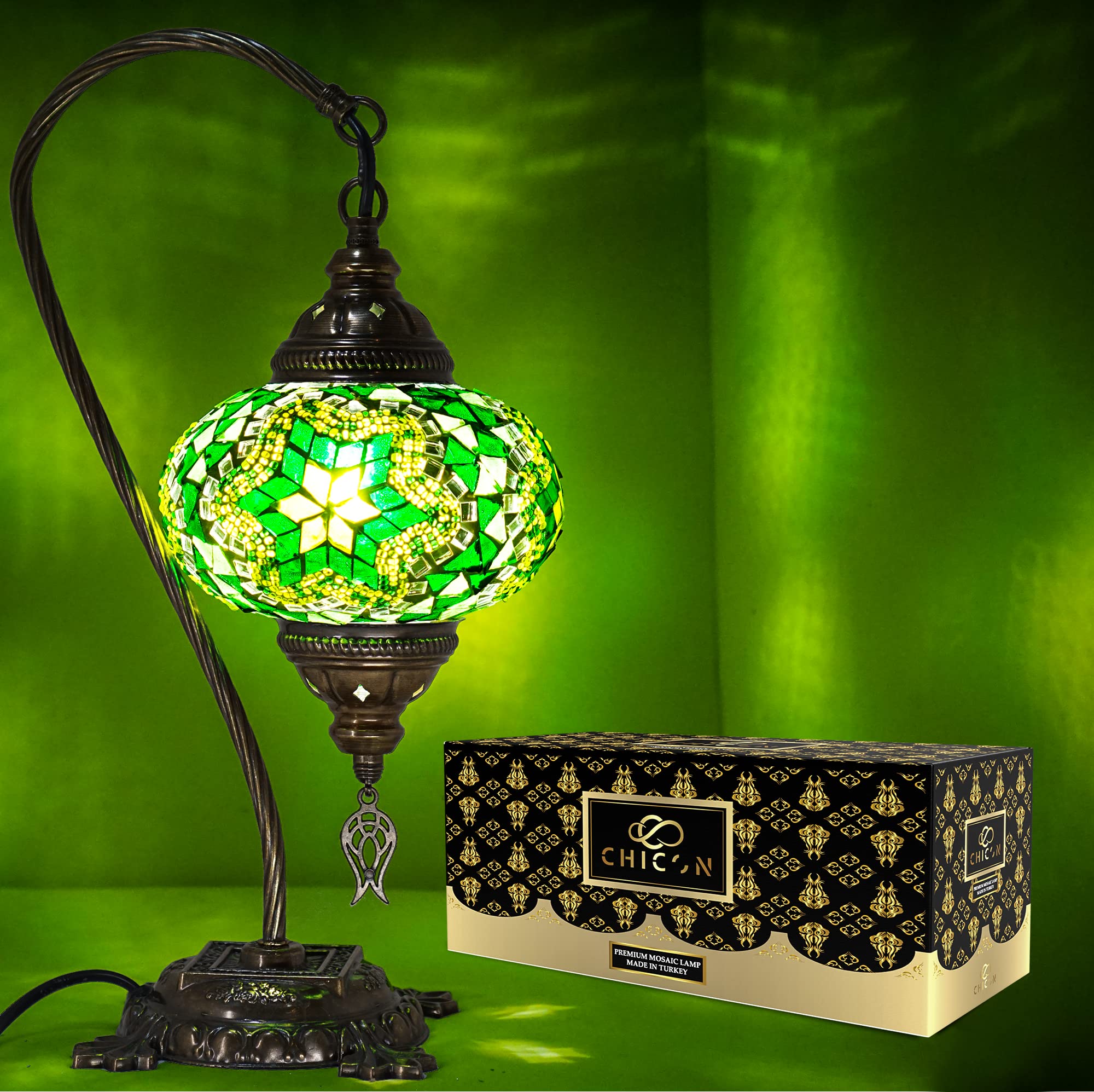 Handmade Mosaic Turkish Lamp - Genuine Glass Tiffany Style Boho Table Lamp with Swan Flower Design in Green | Vintage Moroccan Home Decor for Living Room, Bedroom & Office Lighting