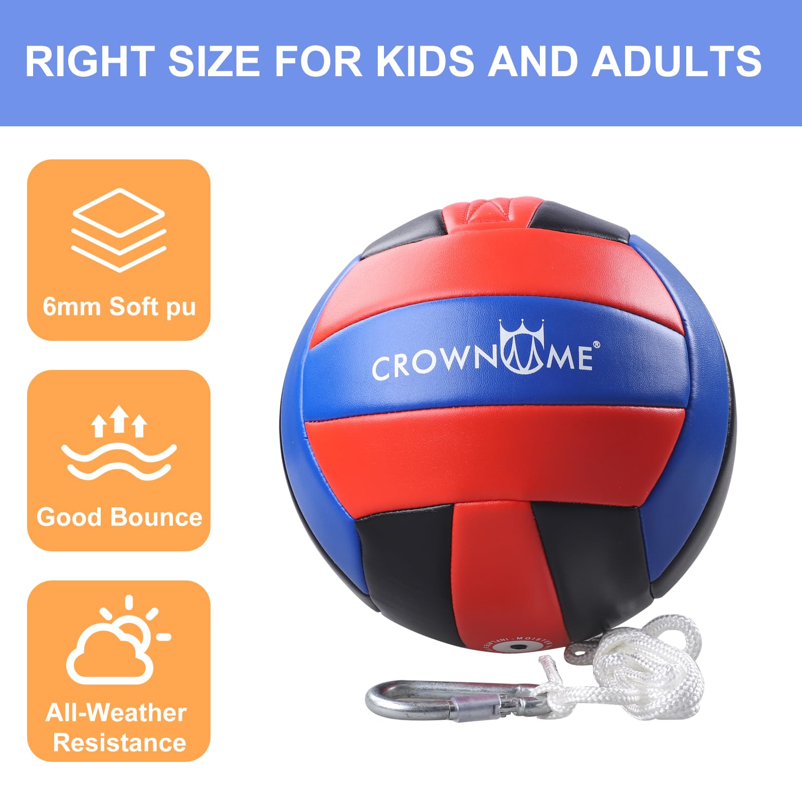CROWN ME Tetherball Set with Ball, Rope & Carabiner Hoop - Outdoor Games for Kids, Backyard, School, Park & Beach Play