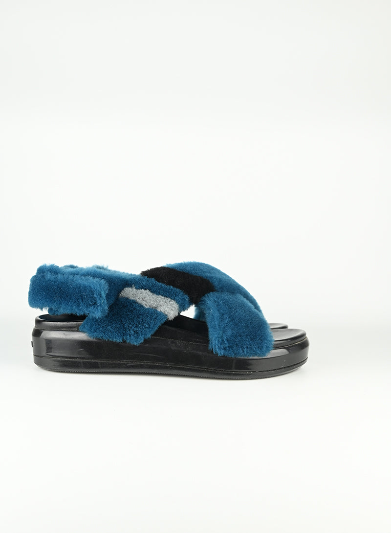 Prada Blue Fur Sandals Women's Size 39 - Luxury Designer Slides for Summer & Beach Wear