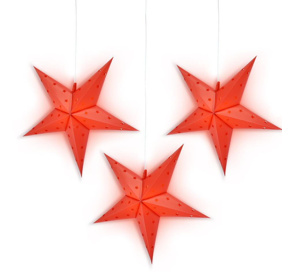 3 Pack 20 Inch Red Weatherproof Outdoor Plastic Star Lanterns with LED Bulbs & Cord - Decorative Holiday Lighting for Christmas, Patio, Garden, and Party Decorations