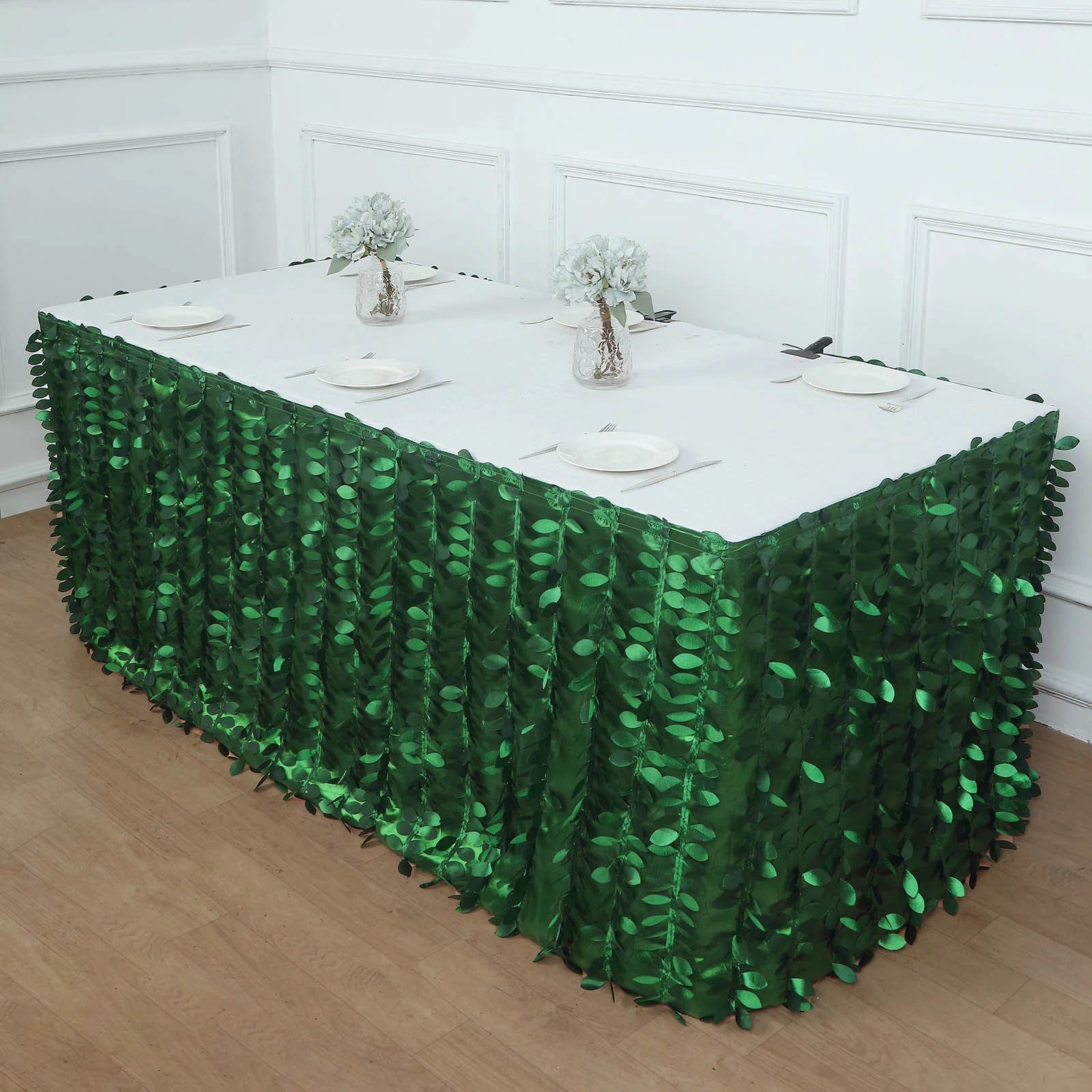 3D Leaves Petals Design Taffeta Table Skirt - Elegant Green Table Cover for Weddings, Parties & Events - Perfect for Banquet Decorations & Special Occasions