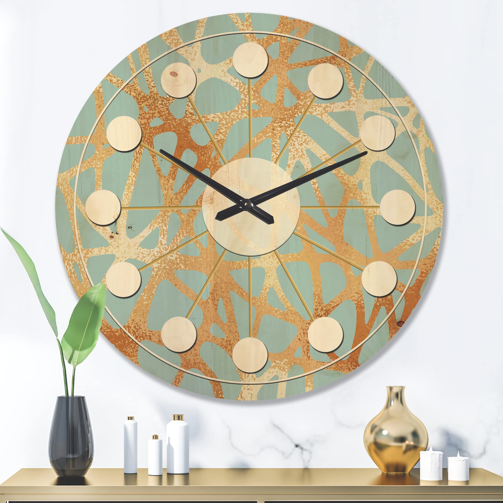 Metallic Golden Luxury Geometric Wall Clock - Large Mid-Century Modern Wooden Clock for Living Room, Bedroom & Office Décor | Stylish Oversized Decorative Wall Art