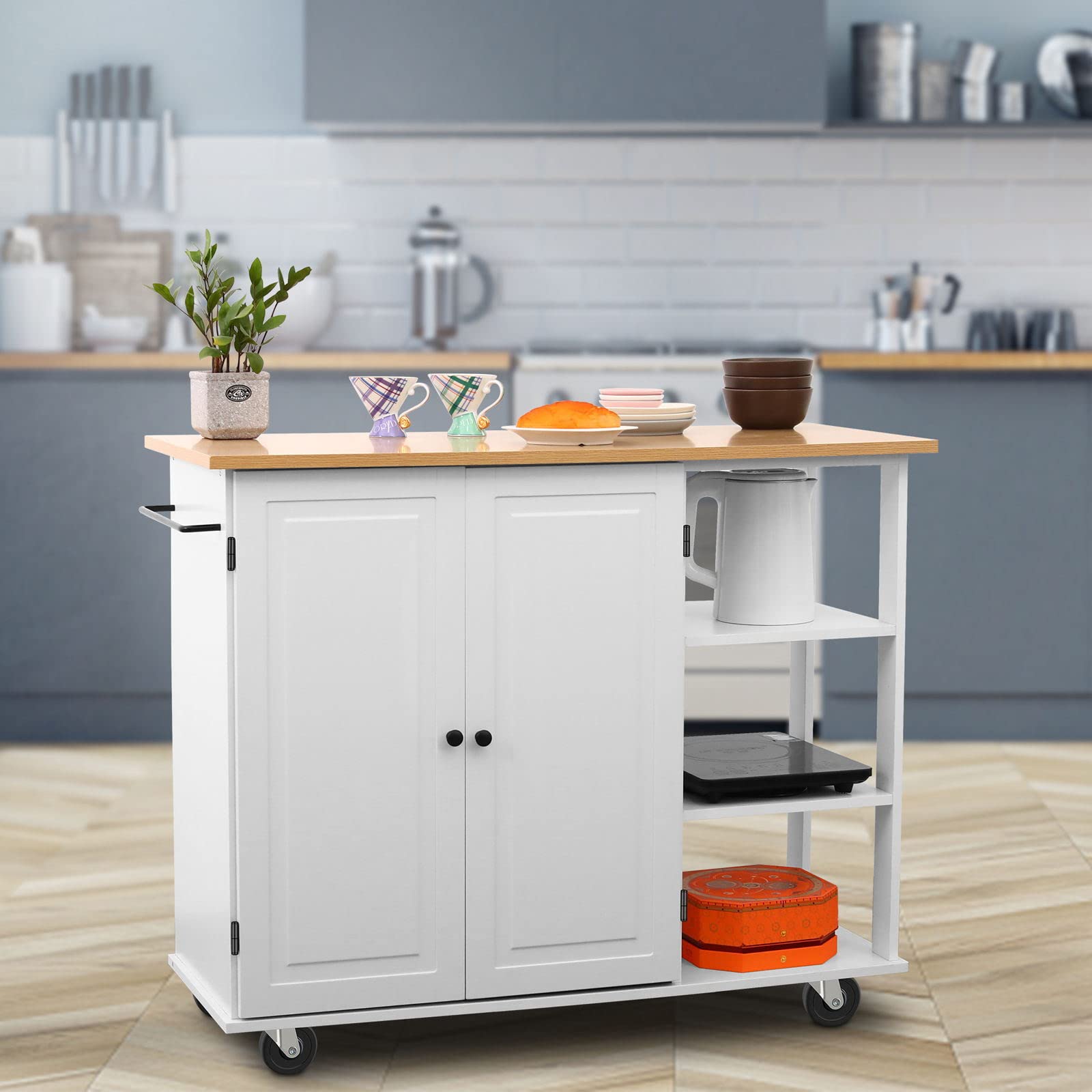 **Wooden Kitchen Island Cart with Large Cabinet, Towel Rack & Wheels – Mobile Organizer for Kitchen & Dining Room – Perfect for Small Spaces & Entertaining**
