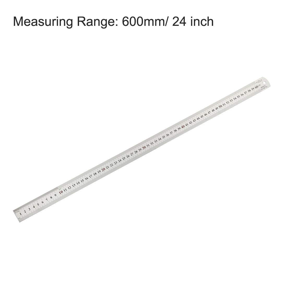 uxcell 24 Inch (600mm) Stainless Steel Straight Ruler - Metric/Imperial Dual Scale Measuring Tool with Hanging Hole for DIY, Crafting, School & Office Use