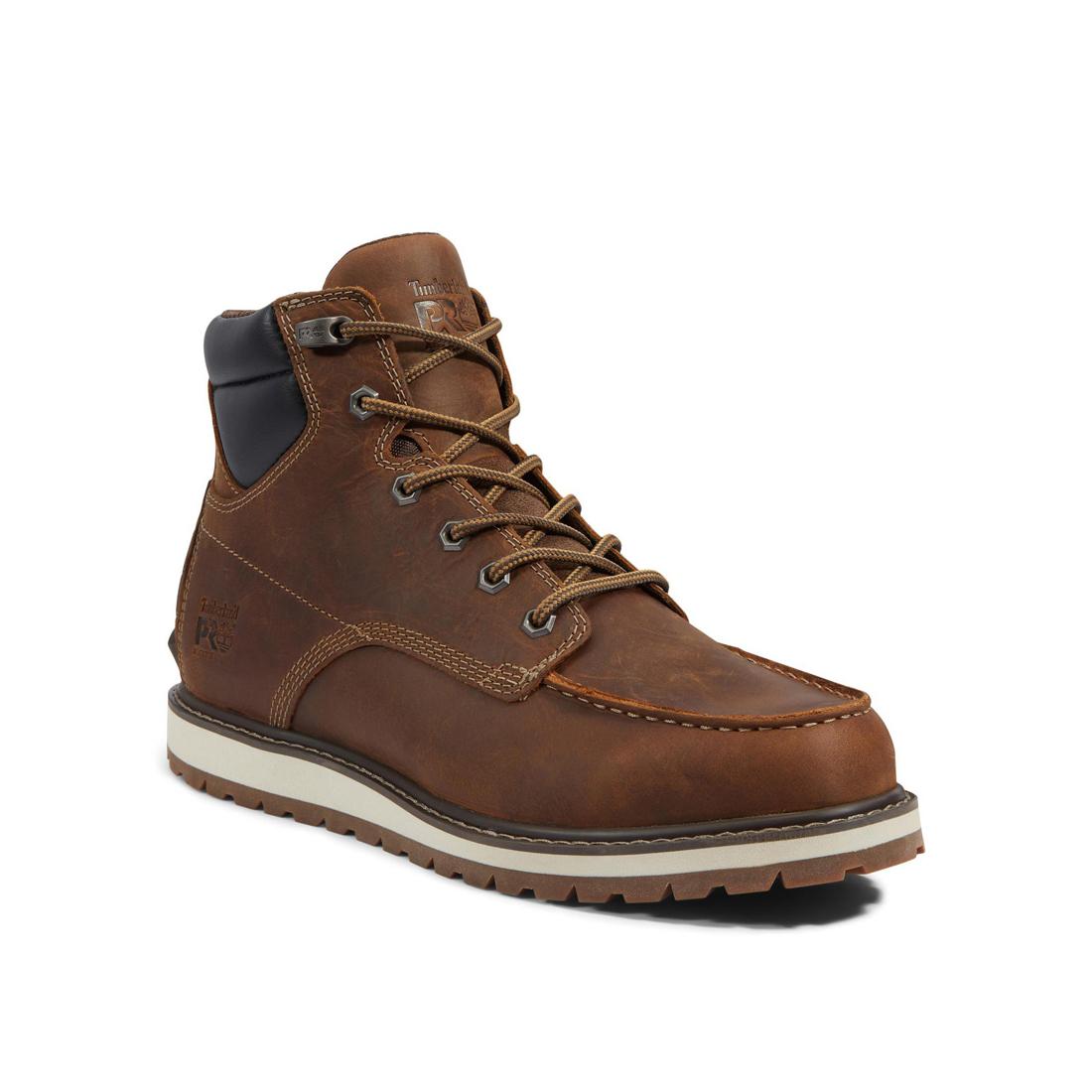 6 Inch Soft Toe Wedge Work Boots for Men - Comfortable Brown Leather Safety Shoes for Construction, Landscaping & Outdoor Work