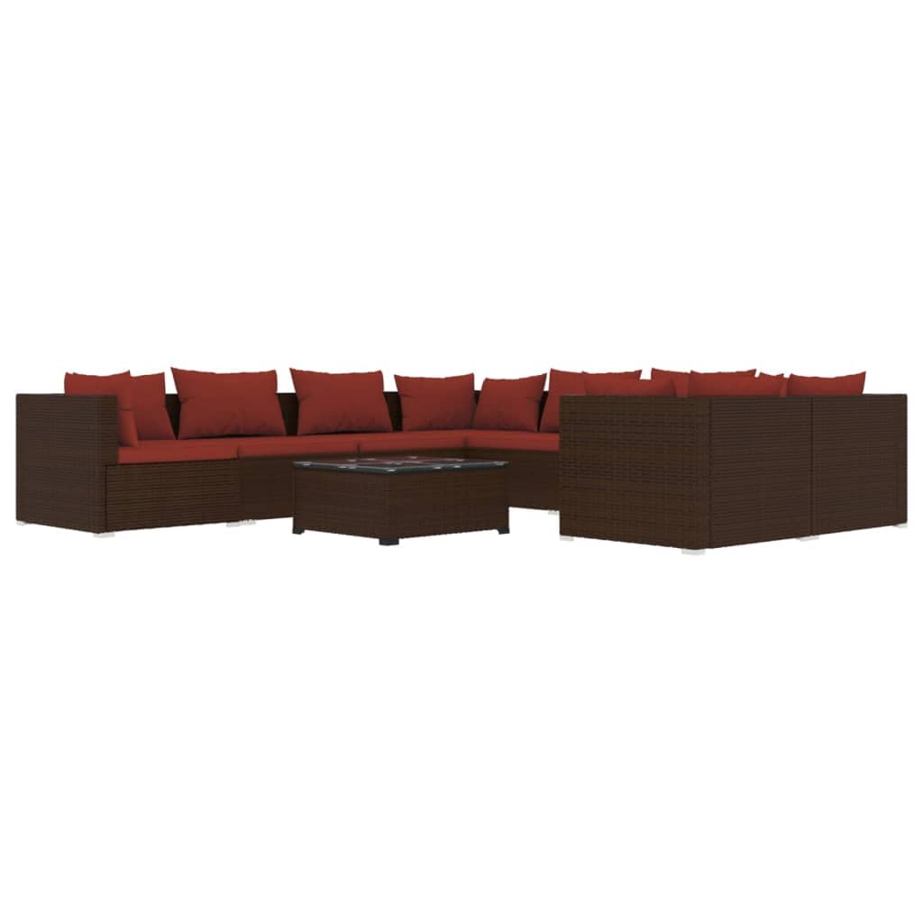 vidaXL 9-Piece Brown Poly Rattan Patio Lounge Set with Cinnamon Red Cushions - Weather-Resistant Outdoor Furniture for Garden, Poolside & Backyard Relaxation