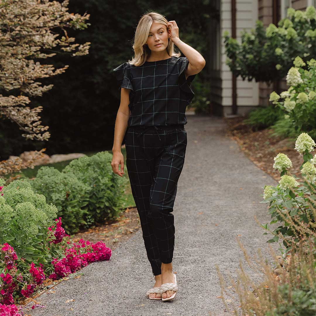 9 to 9 Women's Black Windowpane Jumpsuit - Stylish One-Piece Outfit for Work, Office & Casual Wear