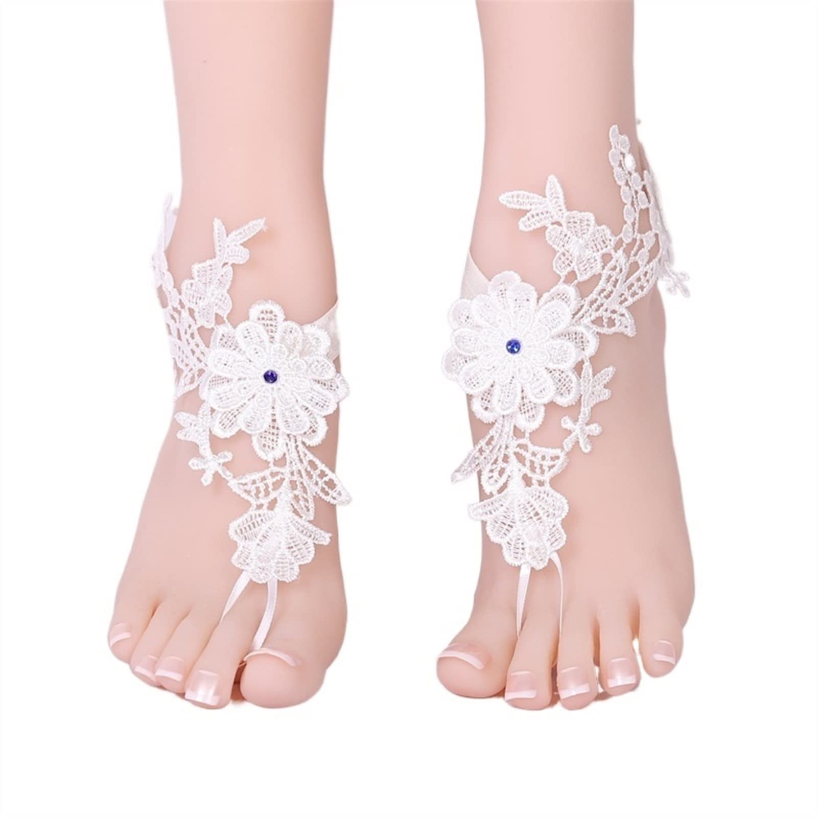 White Lace Embroidered Ankle Bracelet for Women - Adjustable Barefoot Jewelry - One Size Fits 36-40 - Perfect for Beach Weddings, Summer Vacations & Boho Fashion