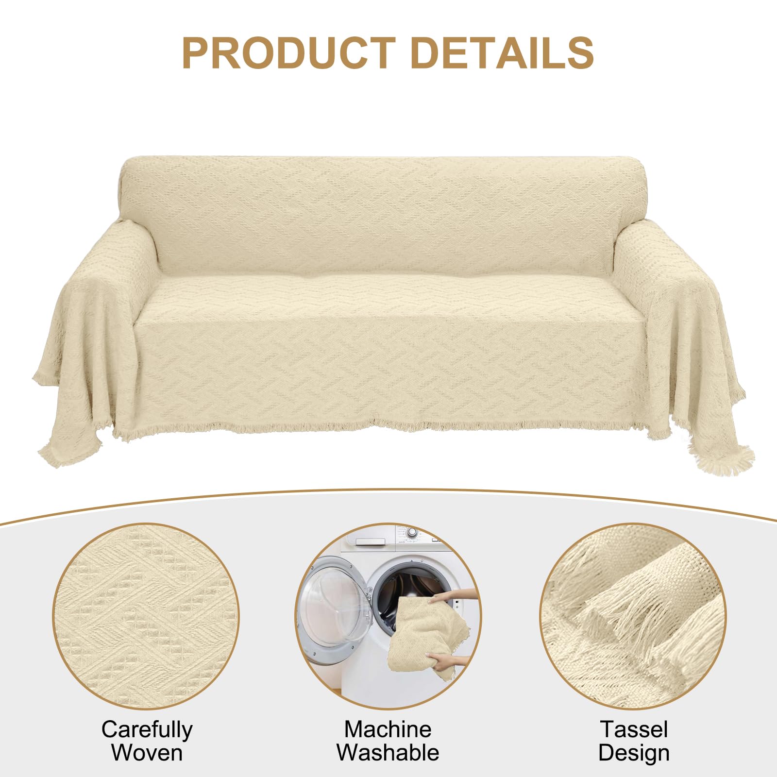 Geometric Throw Sofa Cover Blanket - Washable 3 Cushion Couch Cover, Pet-Friendly Furniture Protector for Dogs (Large, Light Beige) - Perfect for Living Room Decor, Sofa Protection & Pet Owners