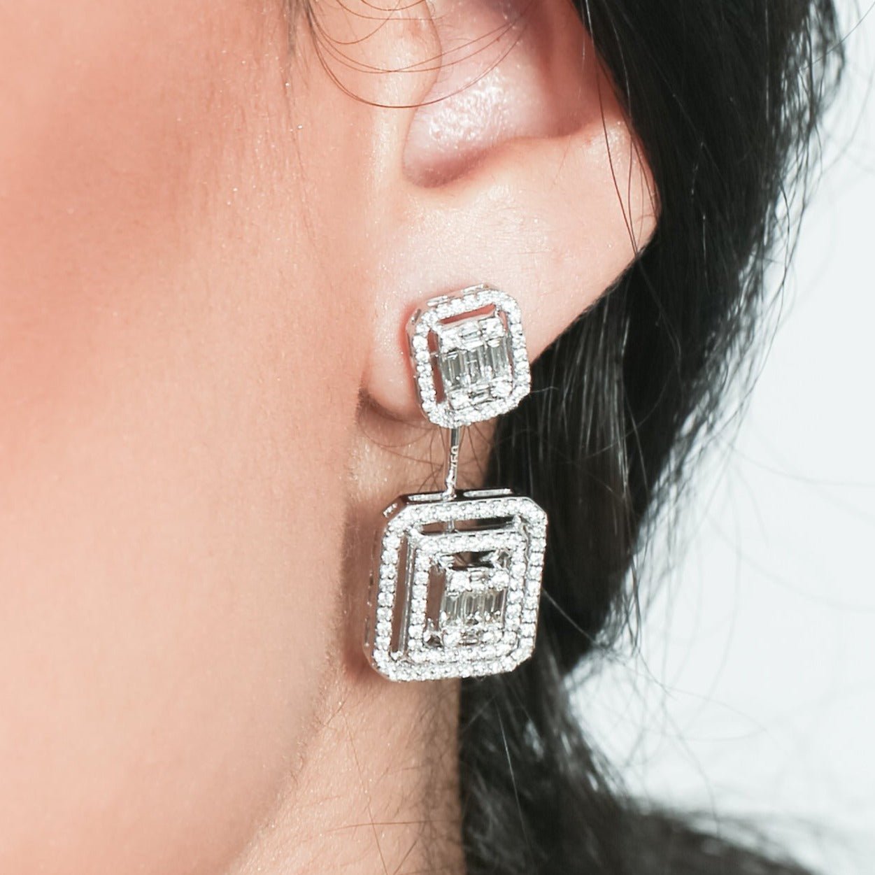 18K White Gold Double Baguette Diamond Halo Drop Earrings - Elegant Dangle Earrings for Weddings, Parties & Special Occasions