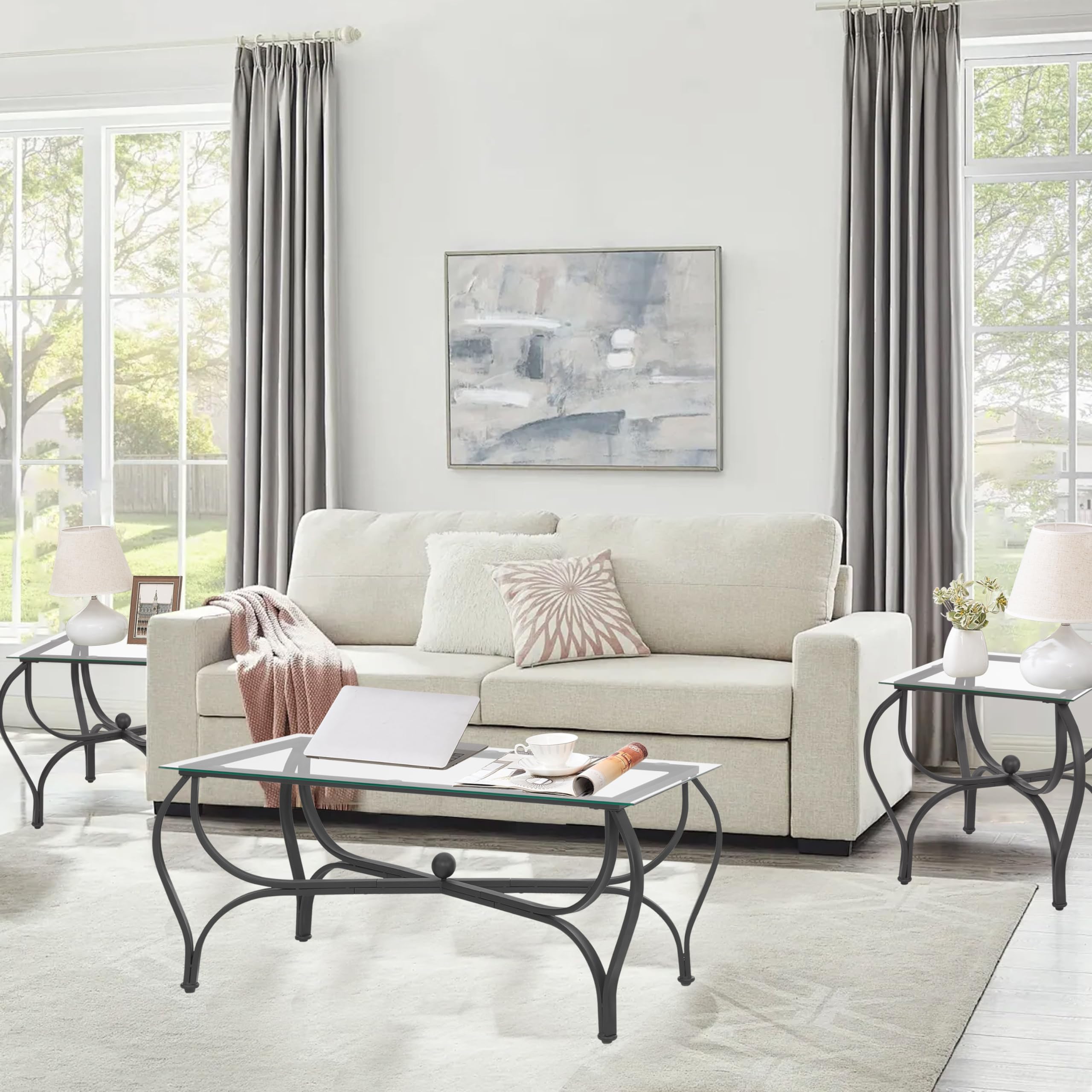 3-Piece Coffee Table Set with Tempered Glass Top & Metal Frame - Modern Living Room Furniture Set Includes Coffee Table & 2 End Tables - Perfect for Home, Office & Lounge Areas