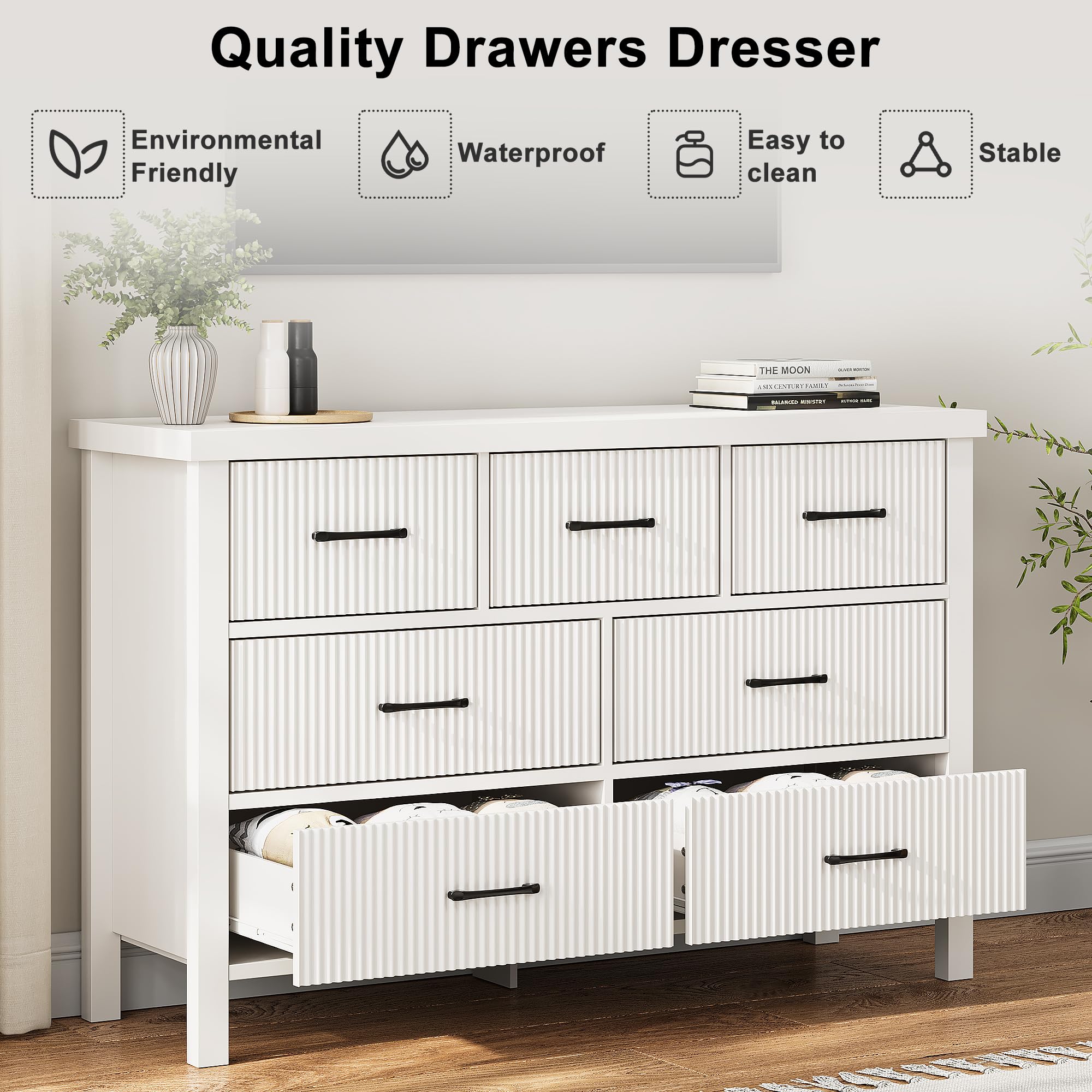 Modern White 7-Drawer Dresser for Bedroom - Solid Wood Legs, Fluted Design Large Chest of Drawers for Living Room, Entryway & Hallway | Perfect for Bedroom Storage, Guest Room Furniture & Home Organization