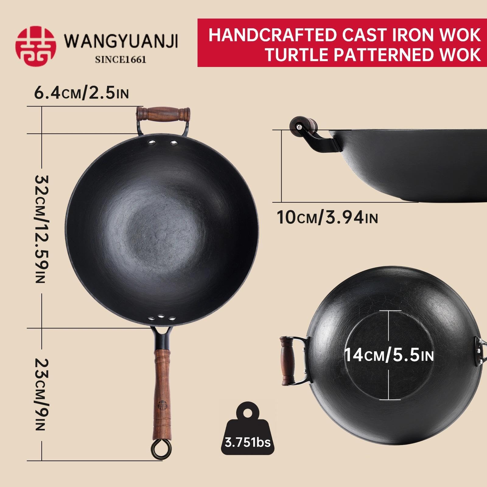 WANGYUANJI 12.59 Inch Cast Iron Wok with Glass Lid - Flat Bottom Uncoated Skillet for Gas, Electric & Induction Cooktops - Healthy Stir Fry Pan for Asian Cooking, Sautéing & Deep Frying