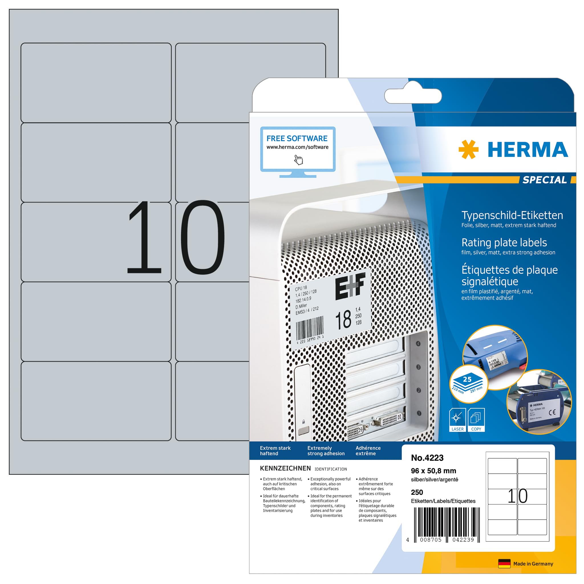 Herma Self-Adhesive Name Plate Film Labels - 250 Weatherproof Stickers (96x50.8mm) for Laser & Inkjet Printers - Metallic Silver - 10 Labels per A4 Sheet, 25 Sheets - Perfect for Office Organization, Equipment Labeling & Industrial Use